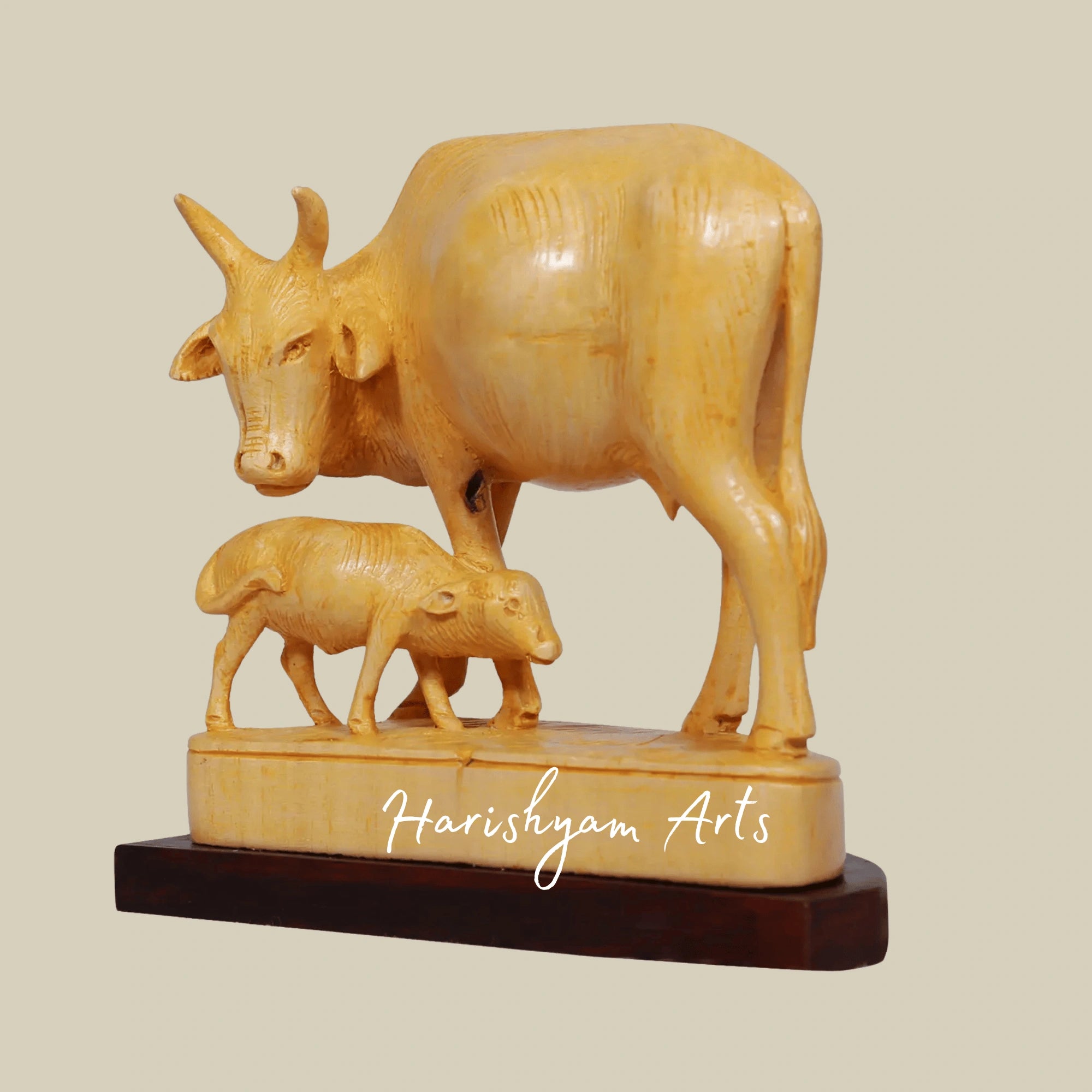 6" Wooden Cow and Calf Figurine – Hand-Painted Indian Handicraft