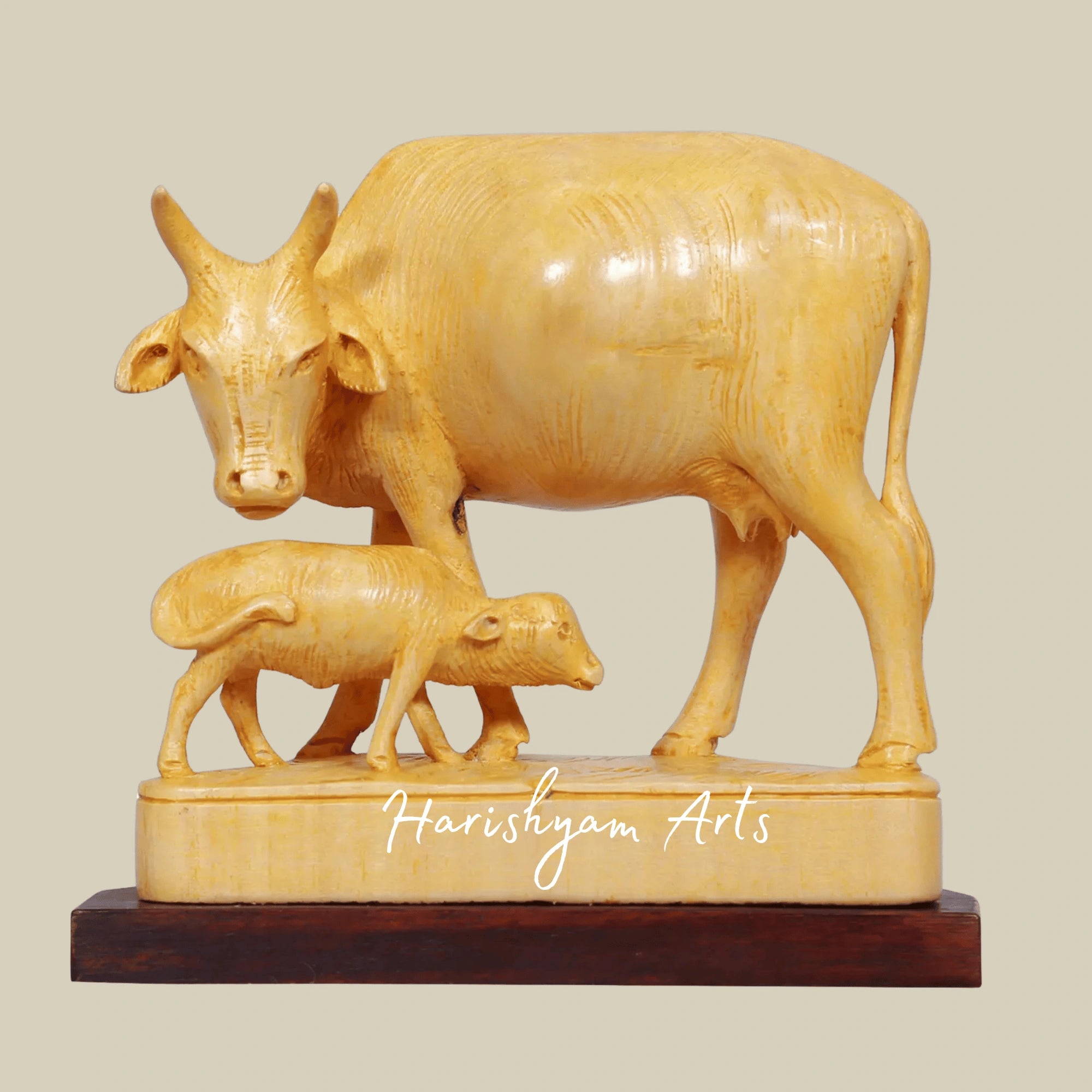6" Wooden Cow and Calf Figurine – Hand-Painted Indian Handicraft
