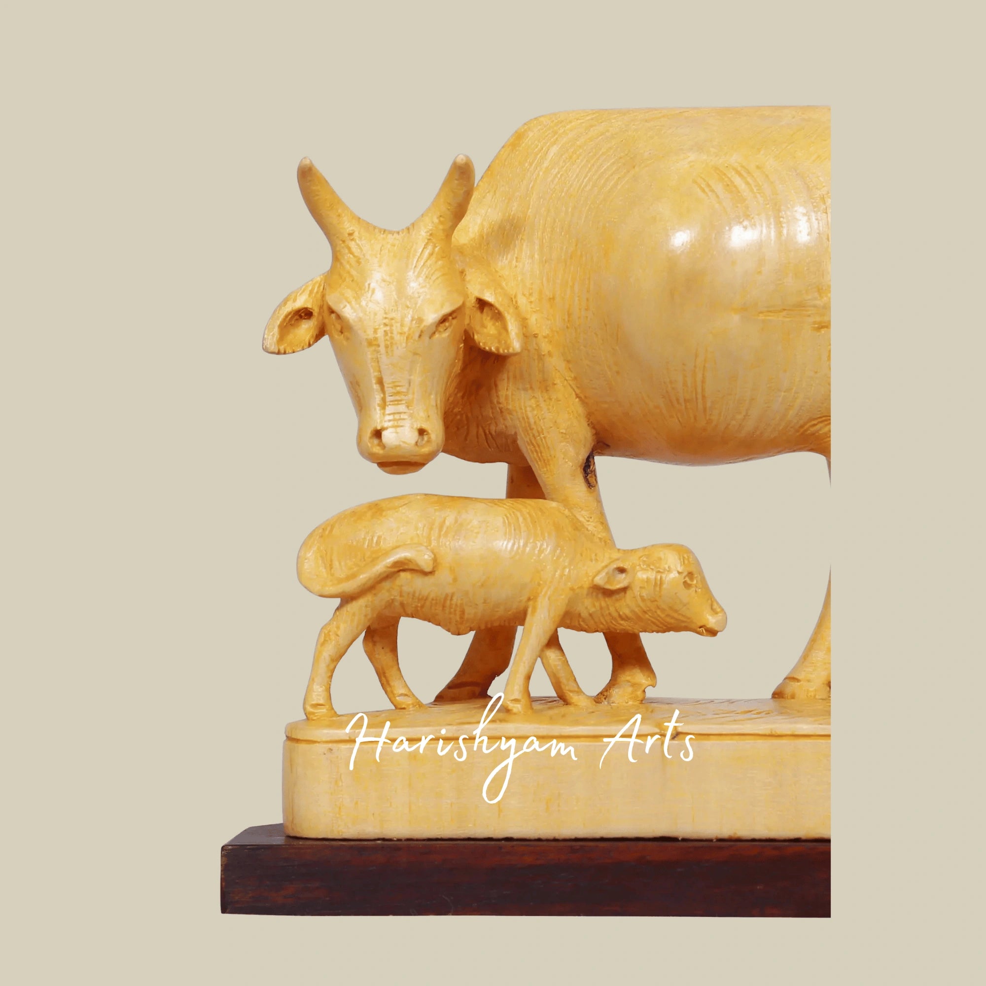 6" Wooden Cow and Calf Figurine – Hand-Painted Indian Handicraft