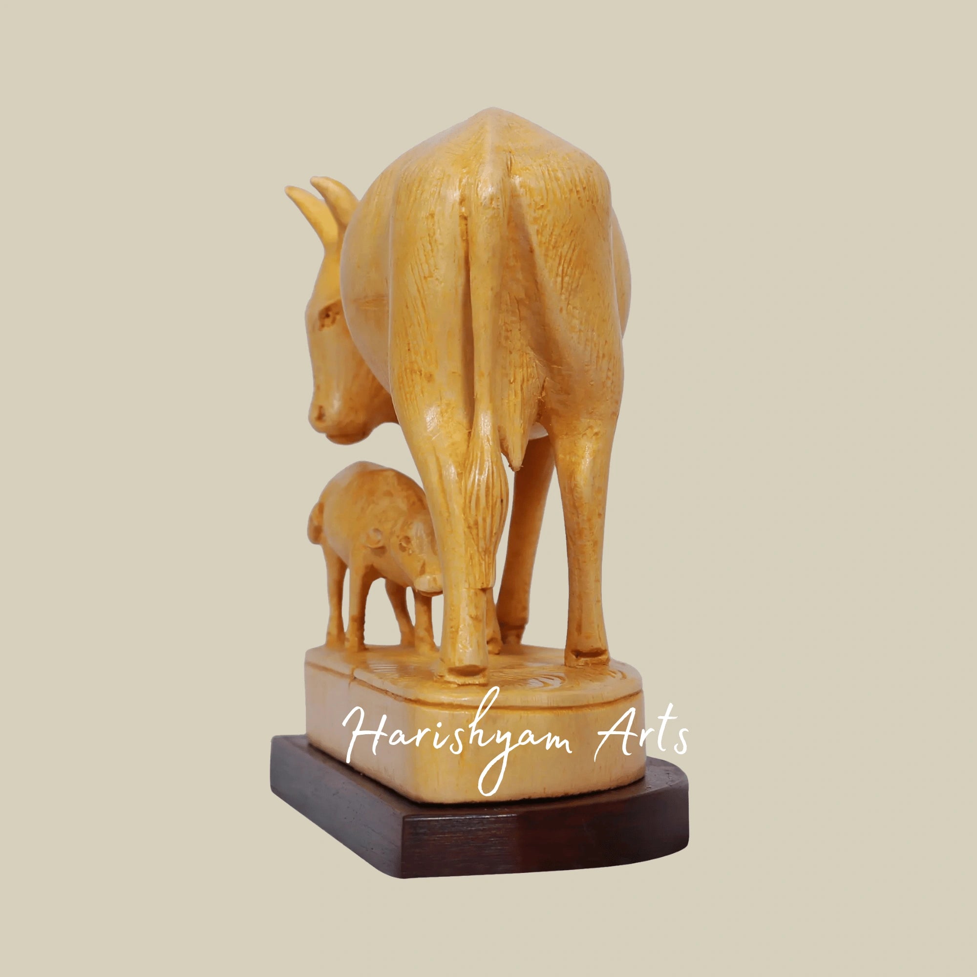 6" Wooden Cow and Calf Figurine – Hand-Painted Indian Handicraft