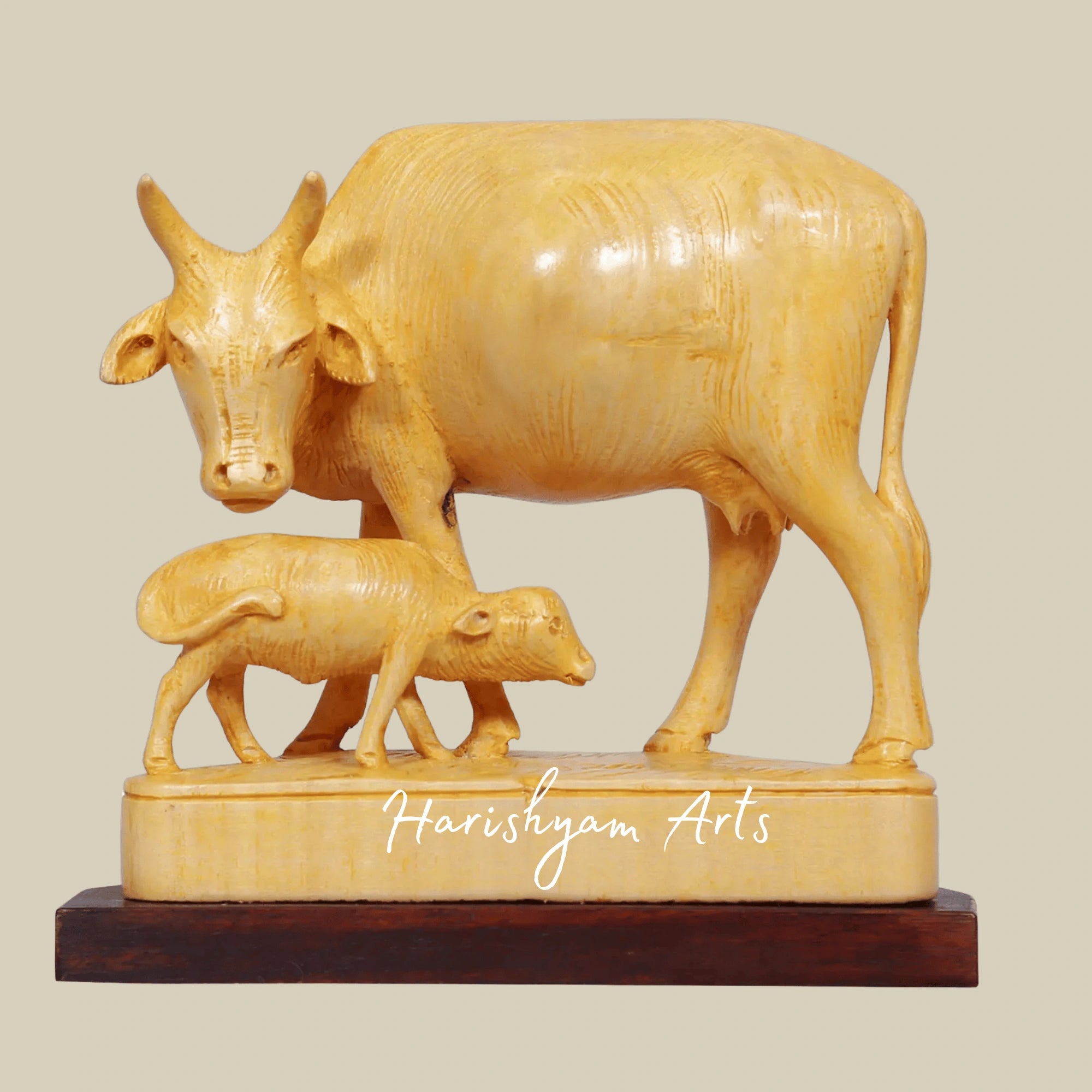 6" Wooden Cow and Calf Figurine – Hand-Painted Indian Handicraft