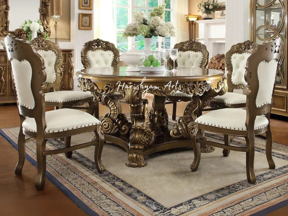 7-Piece Antique Gold Round Dining Table Set