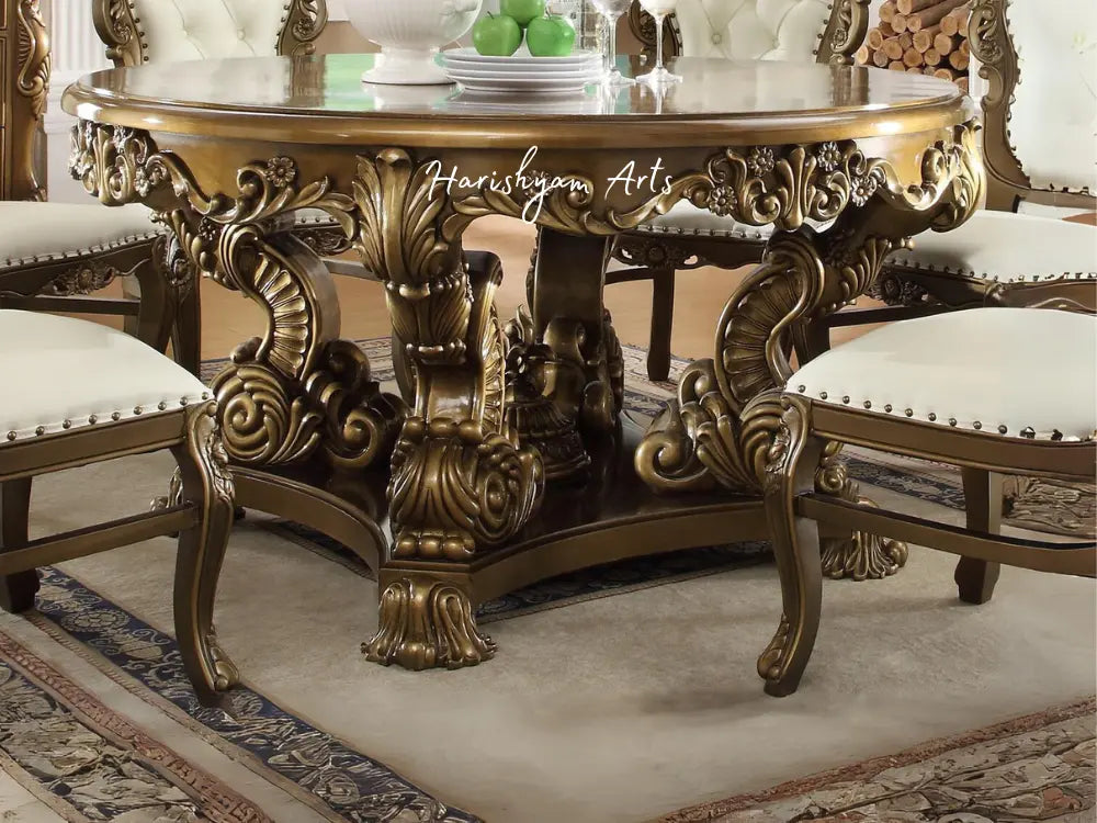 7-Piece Antique Gold Round Dining Table Set