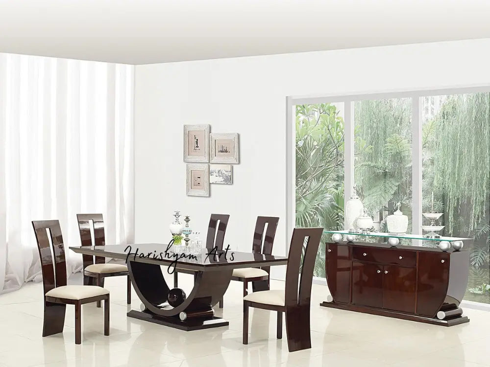 7-Piece Dark Brown Lacquer Dining Table Set