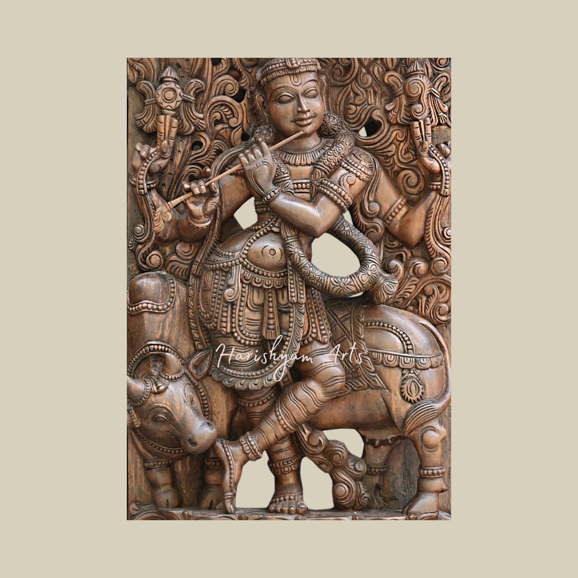 71.5 Carved Wooden Venugopal Krishna Figurine with Fluting, Handcrafted Decorative Jali Work1