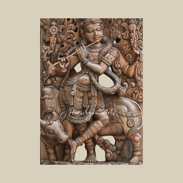 71.5 Carved Wooden Venugopal Krishna Figurine with Fluting, Handcrafted Decorative Jali Work