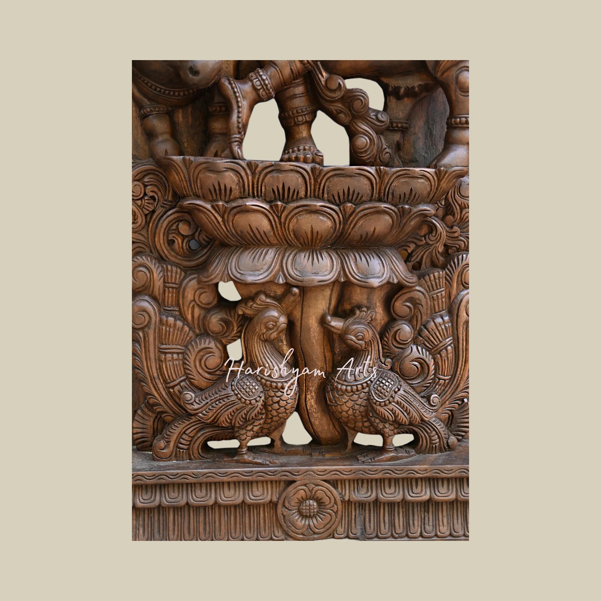 71.5 Carved Wooden Venugopal Krishna Figurine with Fluting, Handcrafted Decorative Jali Work2