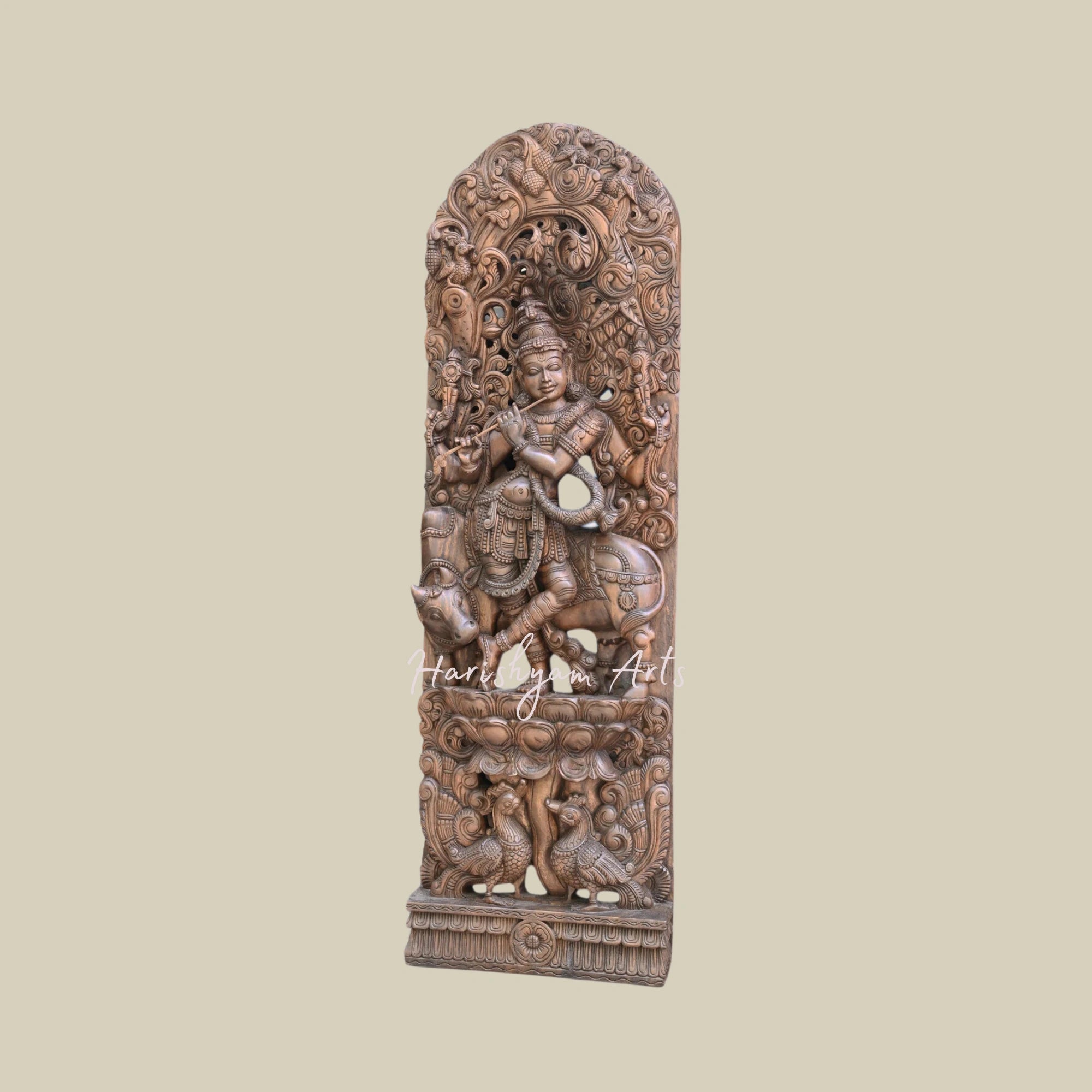 71.5 Carved Wooden Venugopal Krishna Figurine with Fluting, Handcrafted Decorative Jali Work3