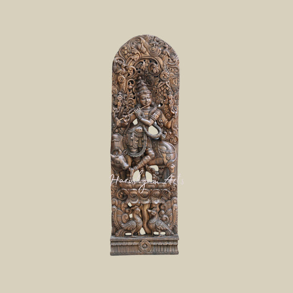 71.5 Carved Wooden Venugopal Krishna Figurine with Fluting, Handcrafted Decorative Jali Work