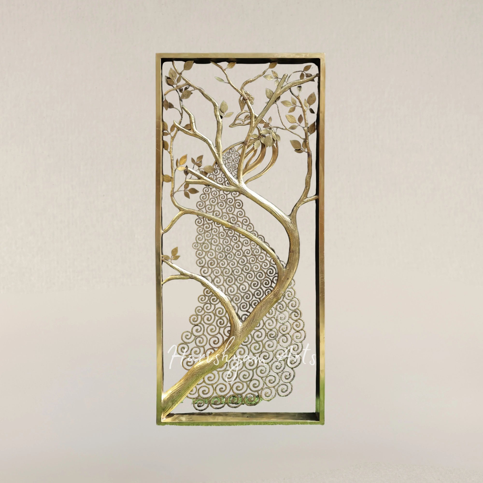 72" Grand Brass Jali Panel Featuring Ornate Peacock Grill Artwork