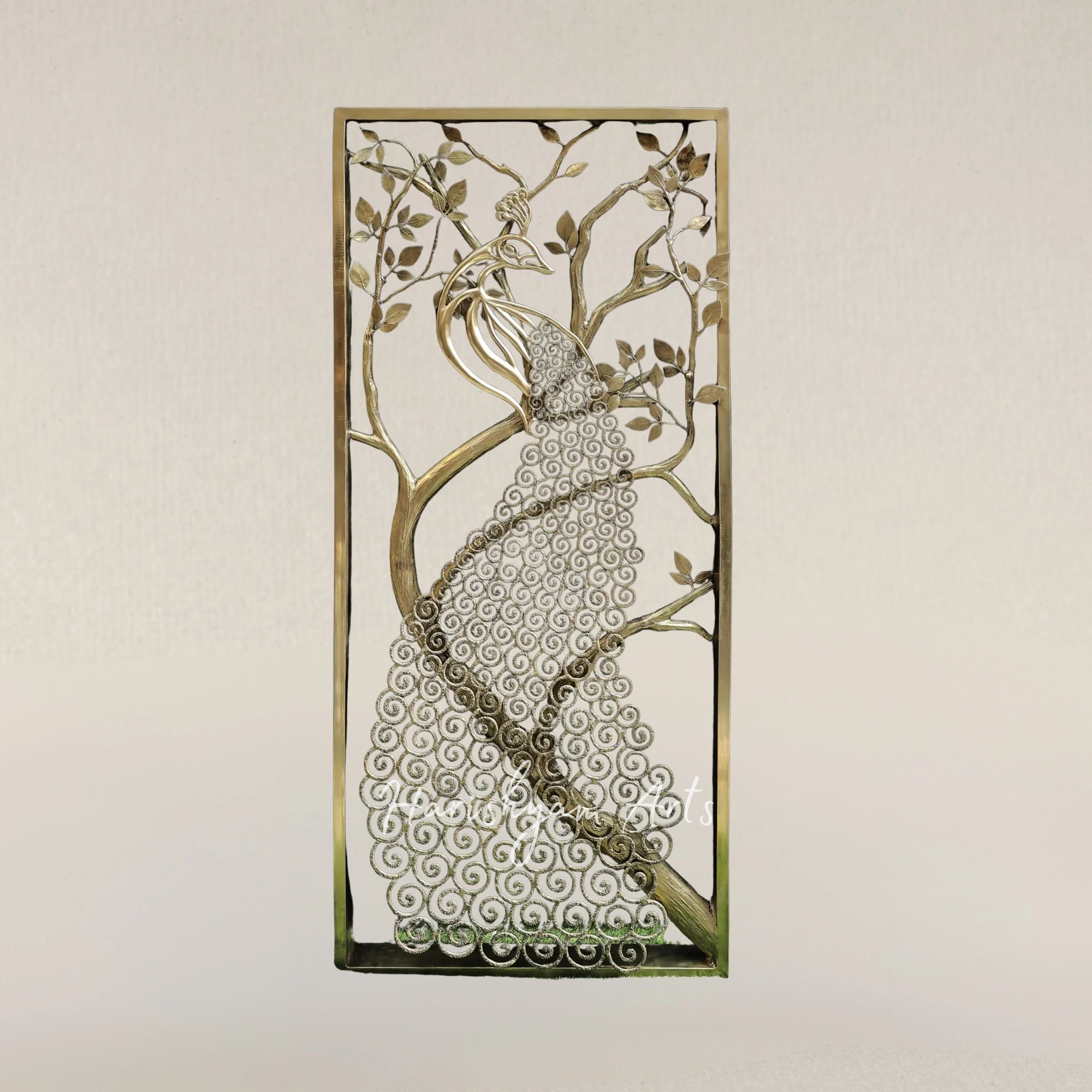 72" Grand Brass Jali Panel Featuring Ornate Peacock Grill Artwork