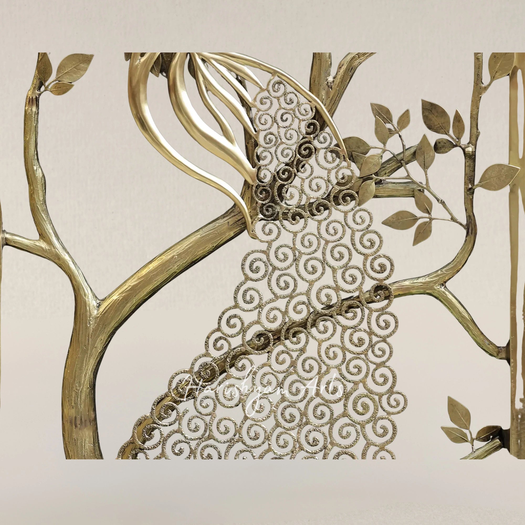72" Grand Brass Jali Panel Featuring Ornate Peacock Grill Artwork
