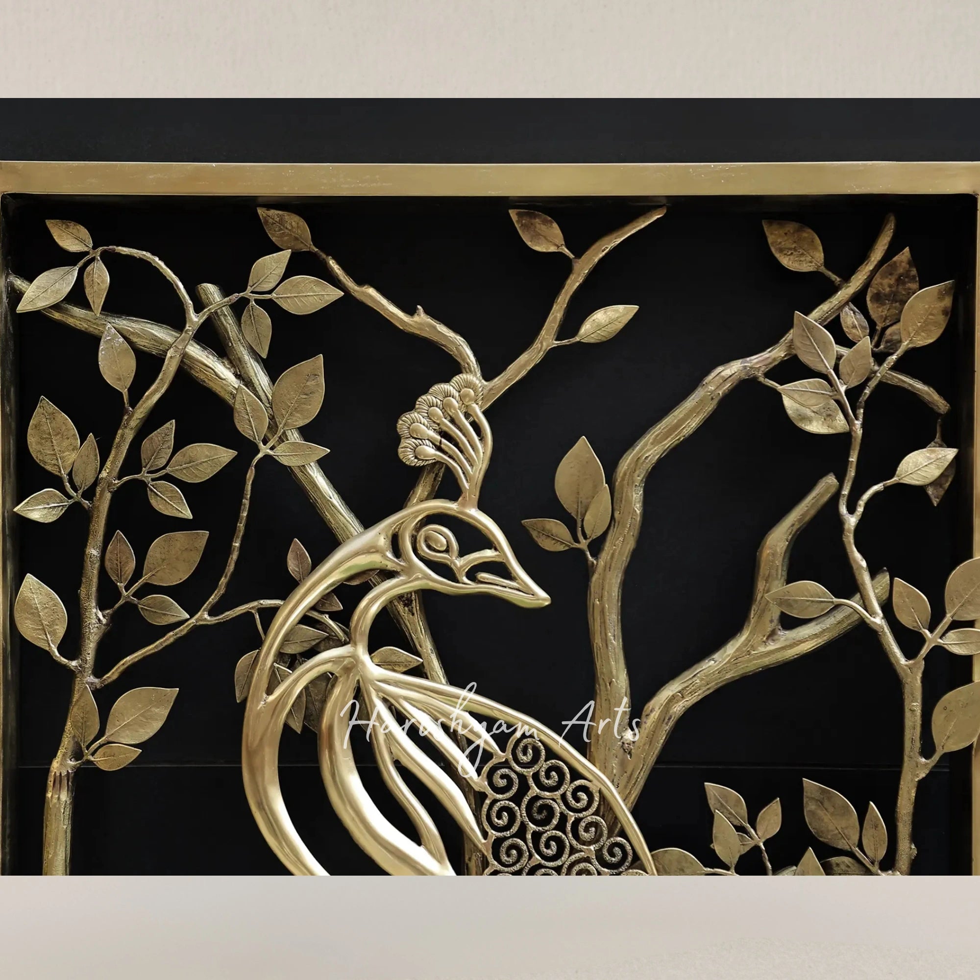 72" Grand Brass Jali Panel Featuring Ornate Peacock Grill Artwork