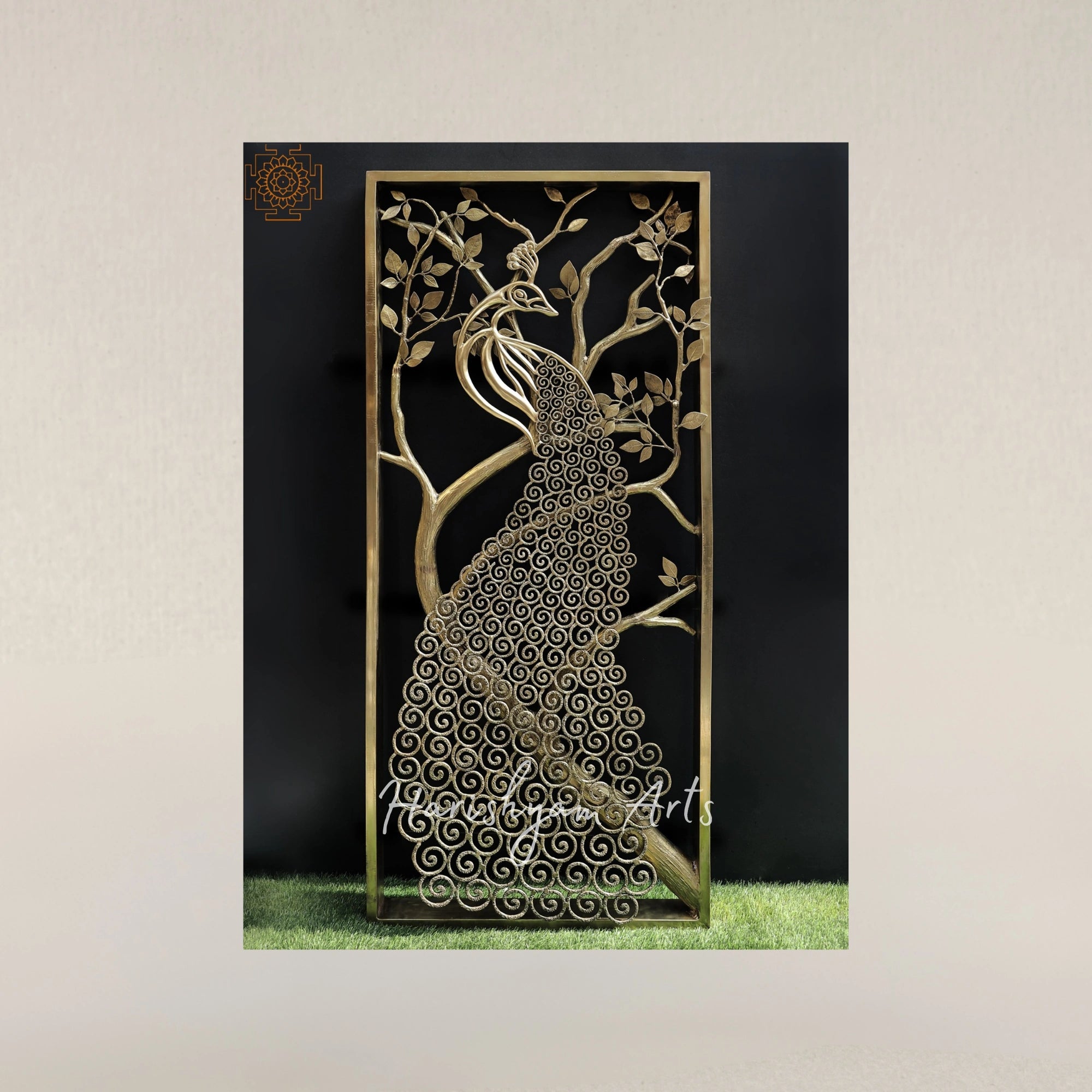 72" Grand Brass Jali Panel Featuring Ornate Peacock Grill Artwork