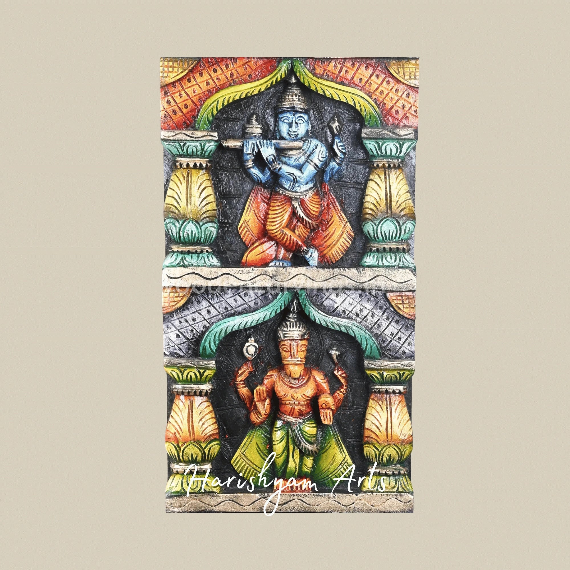 72" Mahavishnu Dasavatar Wooden Sculpture Panel – Traditional Hindu Wall Art with Divine Detailing