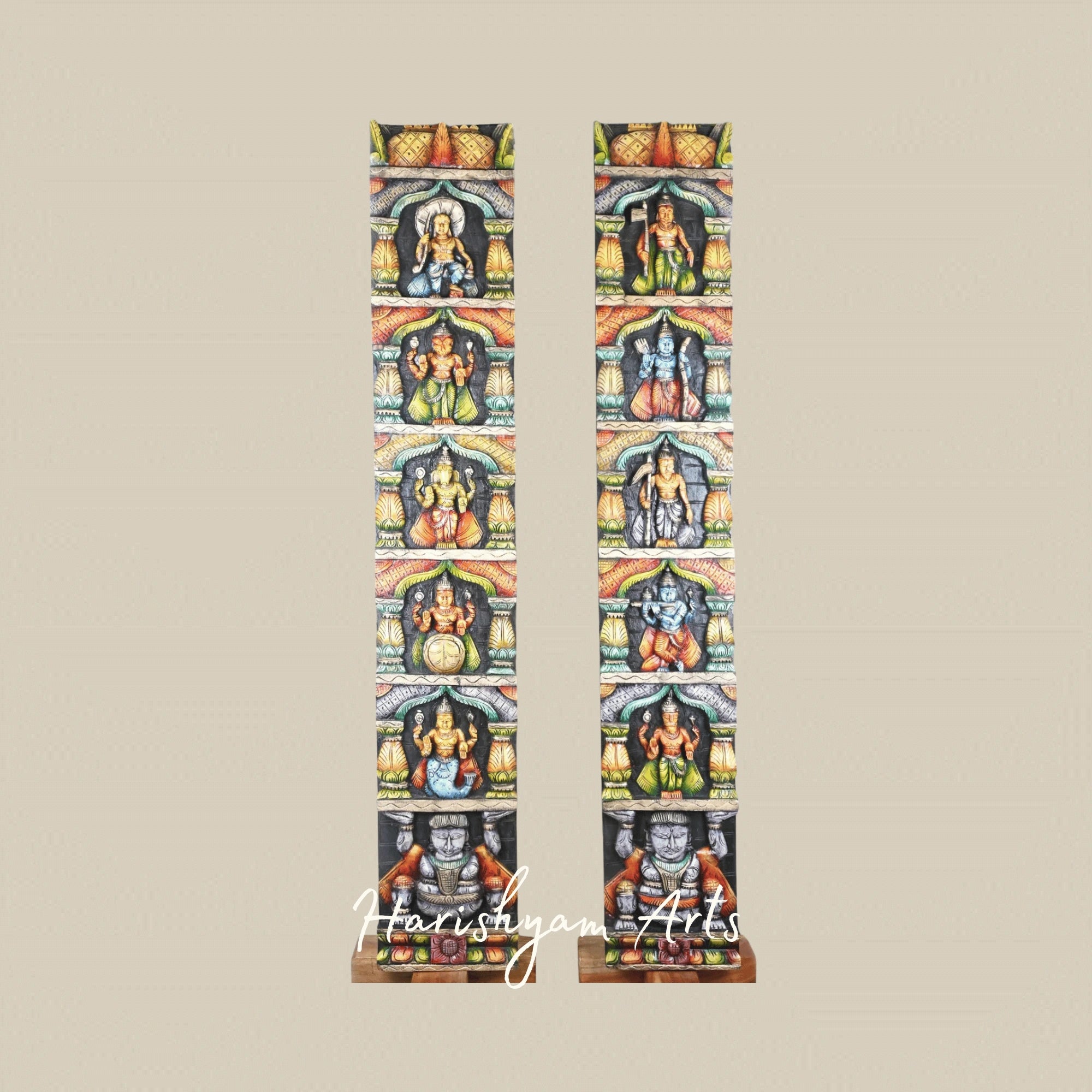 72" Mahavishnu Dasavatar Wooden Sculpture Panel – Traditional Hindu Wall Art with Divine Detailing