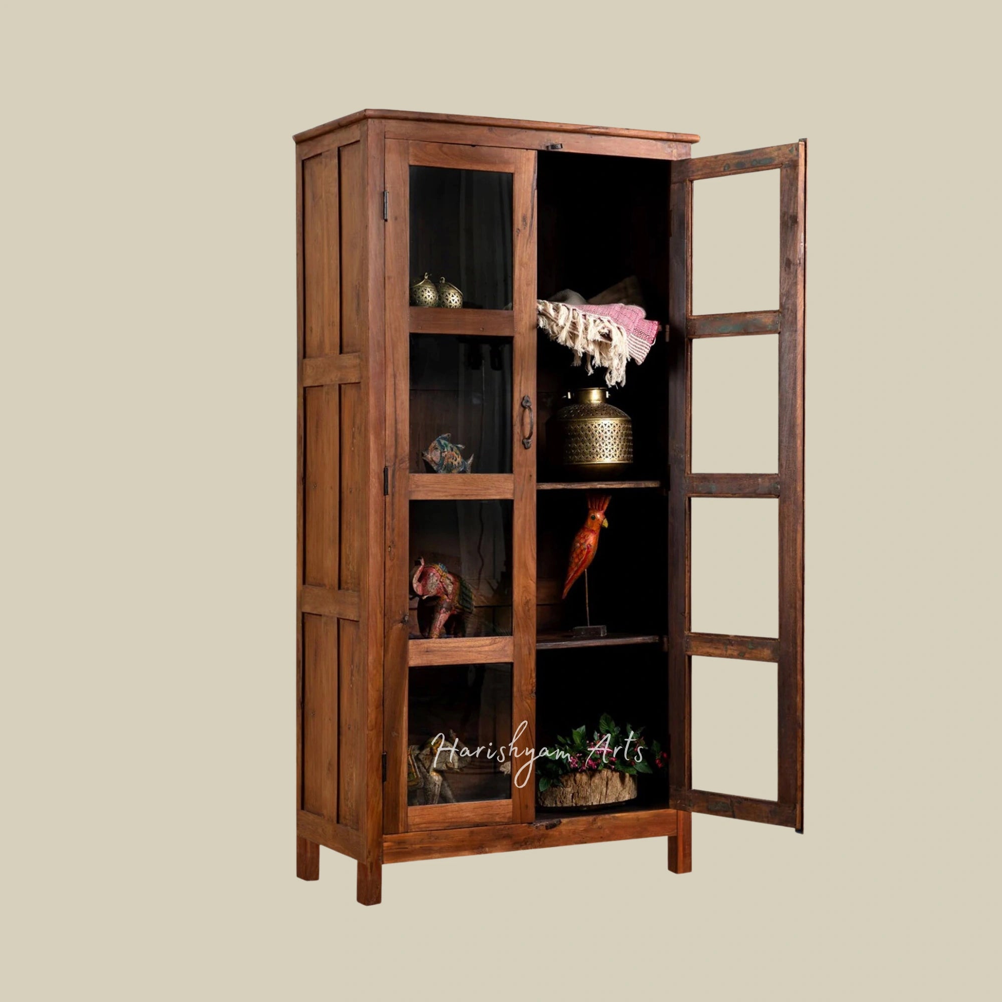 72" Rustic Walnut Solid Wood Hand-Carved Bookshelf with Storage