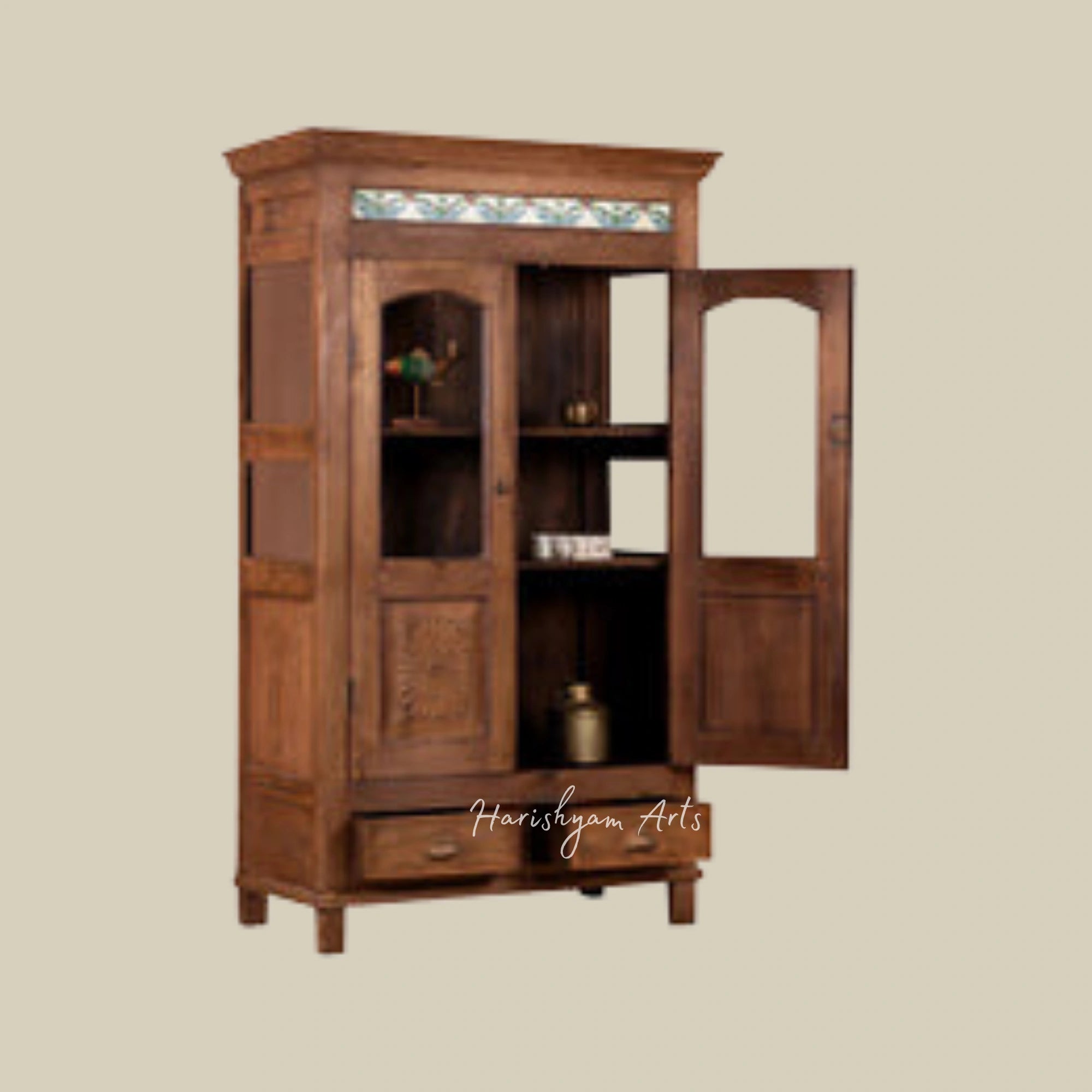 72" Rustic Walnut Solid Wood Hand-Carved Bookshelf with Storage