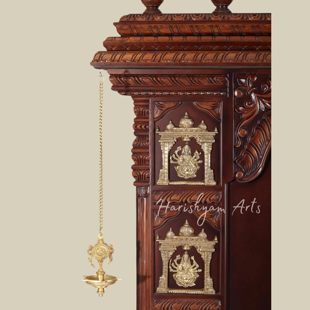 74" Large Ashta Lakshmi Teak Wood Temple With Brass Work