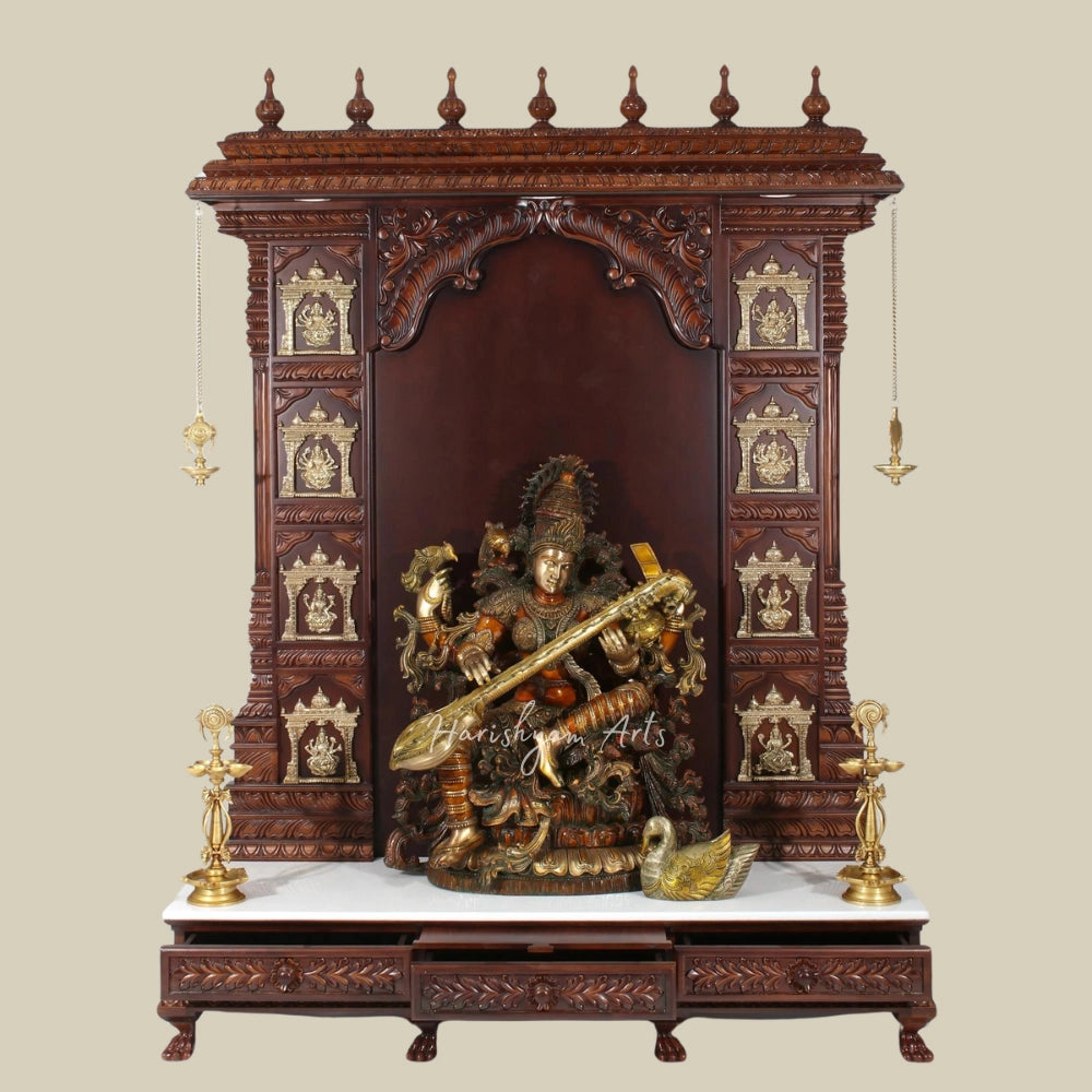 74" Large Ashta Lakshmi Teak Wood Temple With Brass Work