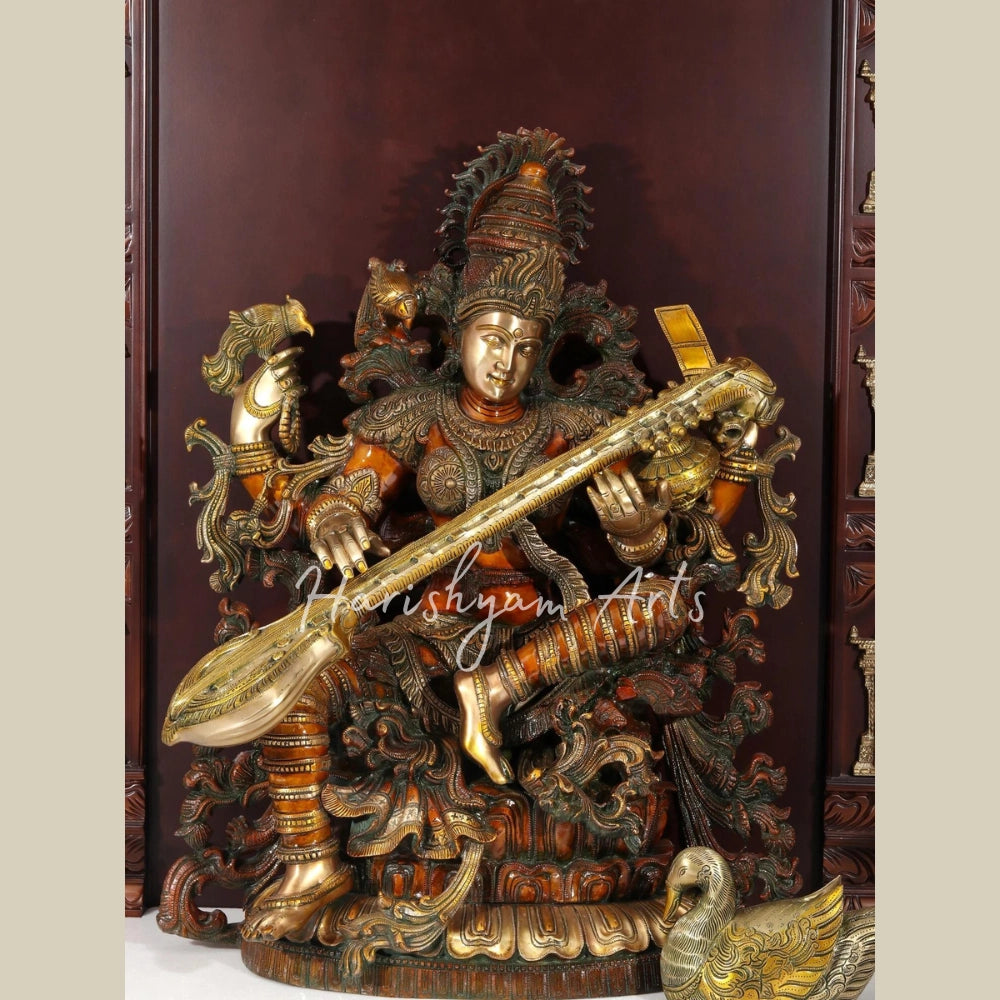 74" Large Ashta Lakshmi Teak Wood Temple With Brass Work