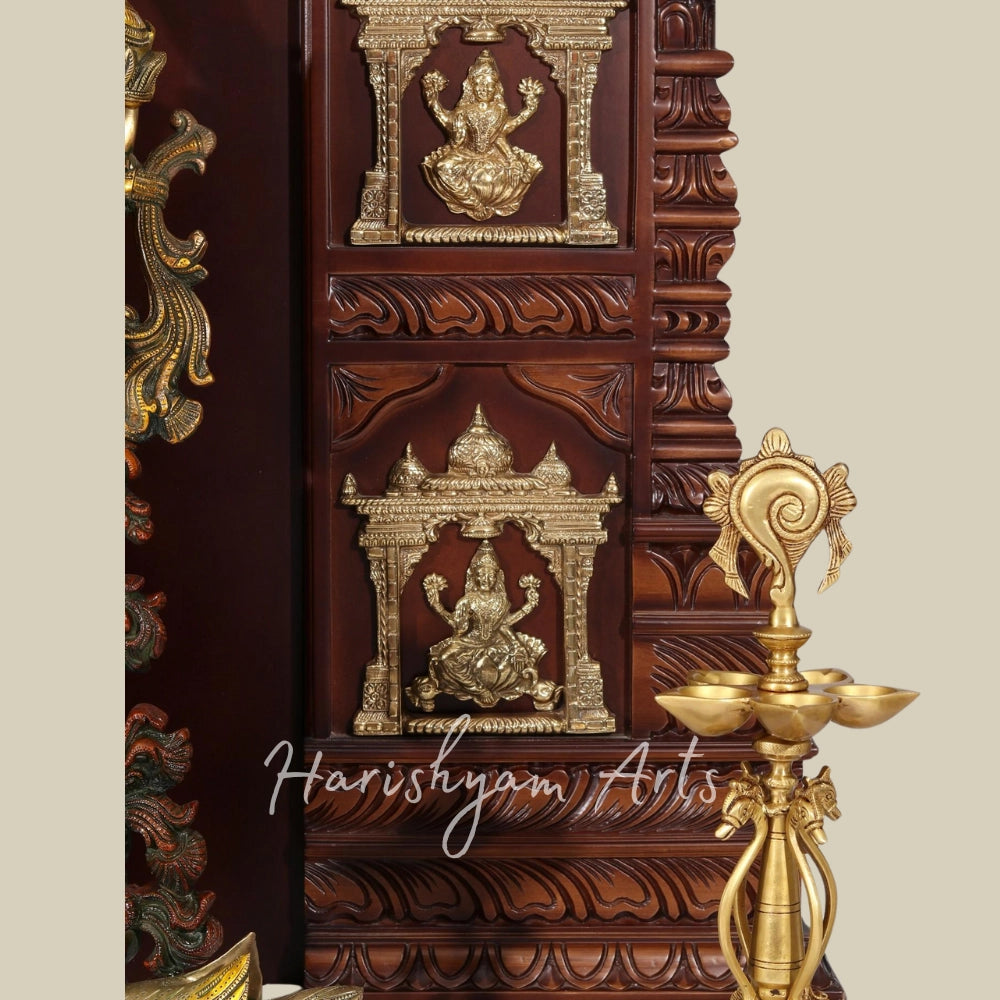 74" Large Ashta Lakshmi Teak Wood Temple With Brass Work