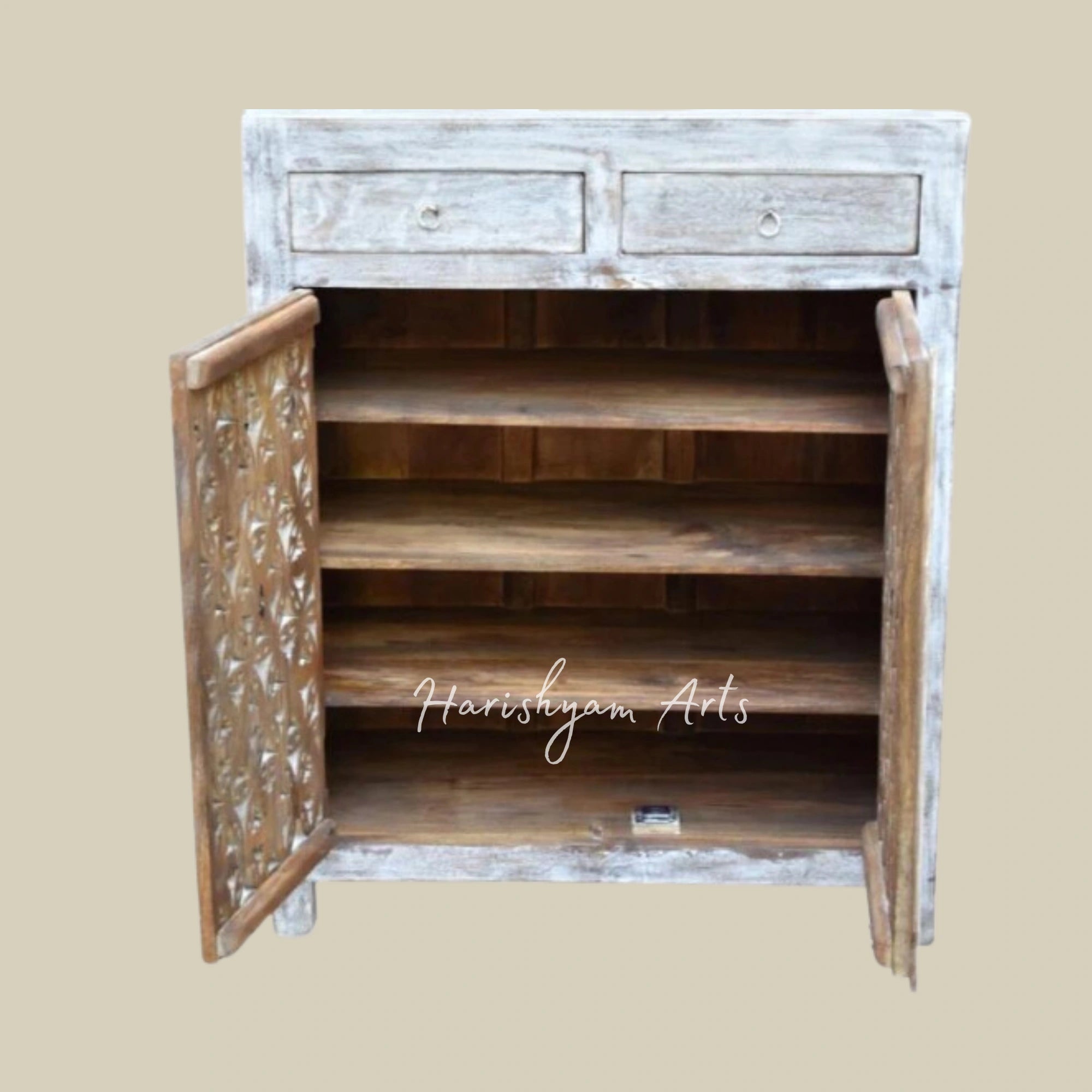 Handcrafted Wooden Shoe Rack Cabinet with Intricate Carvings