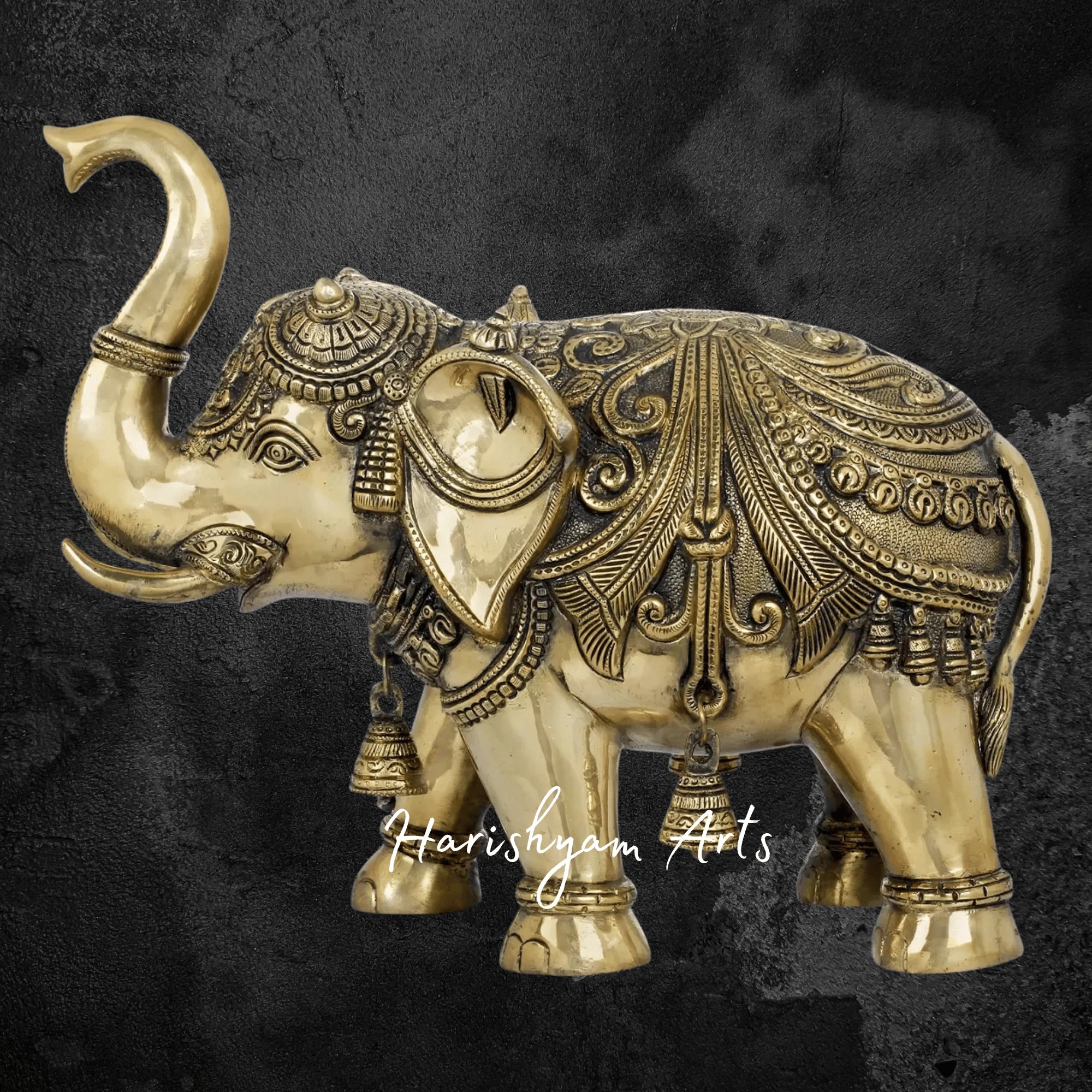 7" Blessing Elephant with Bells and Raised Trunk Brass Figurine