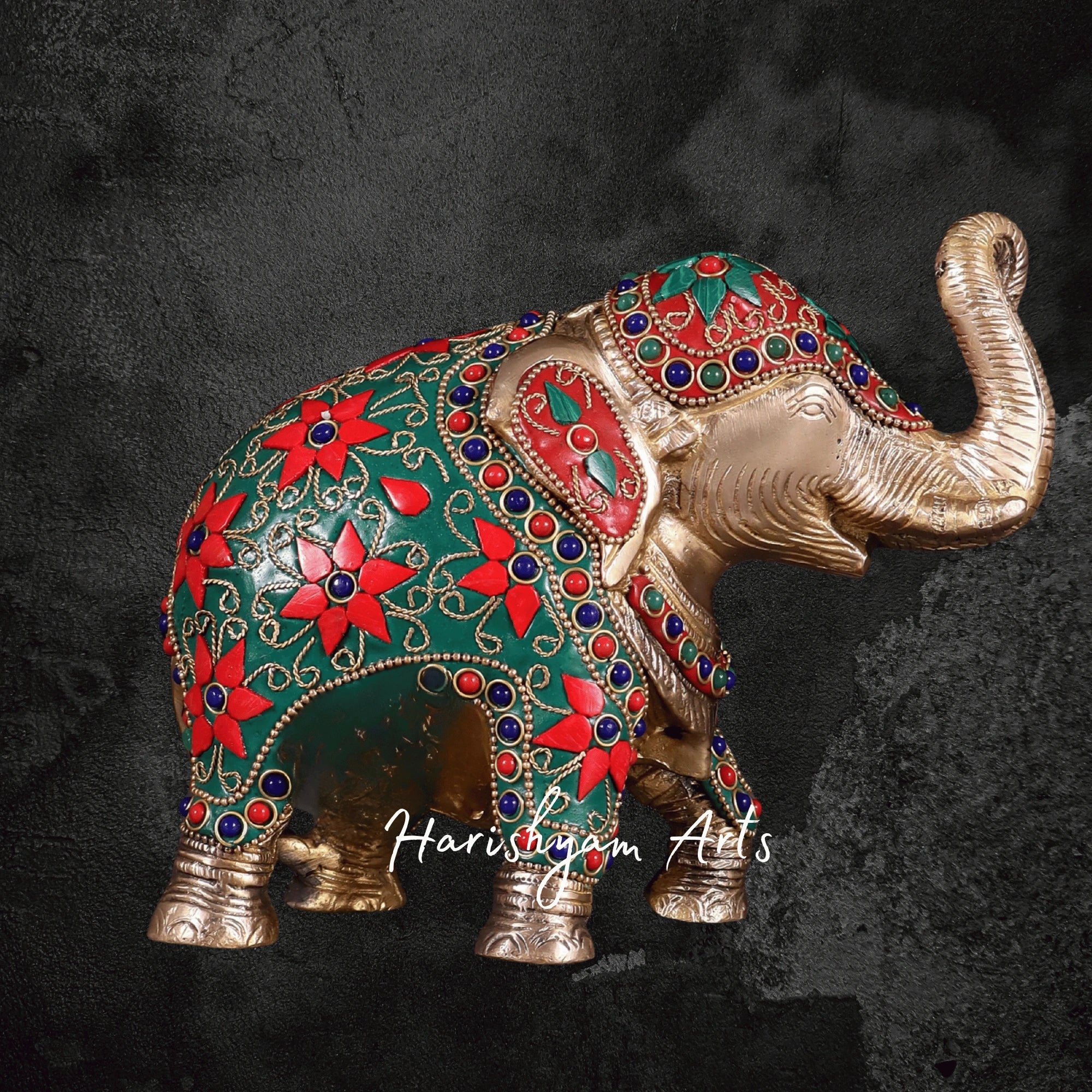 7" Decorative Brass Elephant with Intricate Floral Stone Inlay