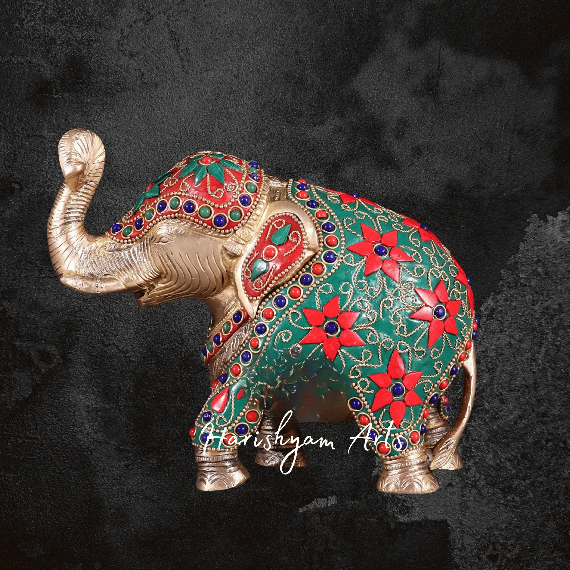 7" Decorative Brass Elephant with Intricate Floral Stone Inlay