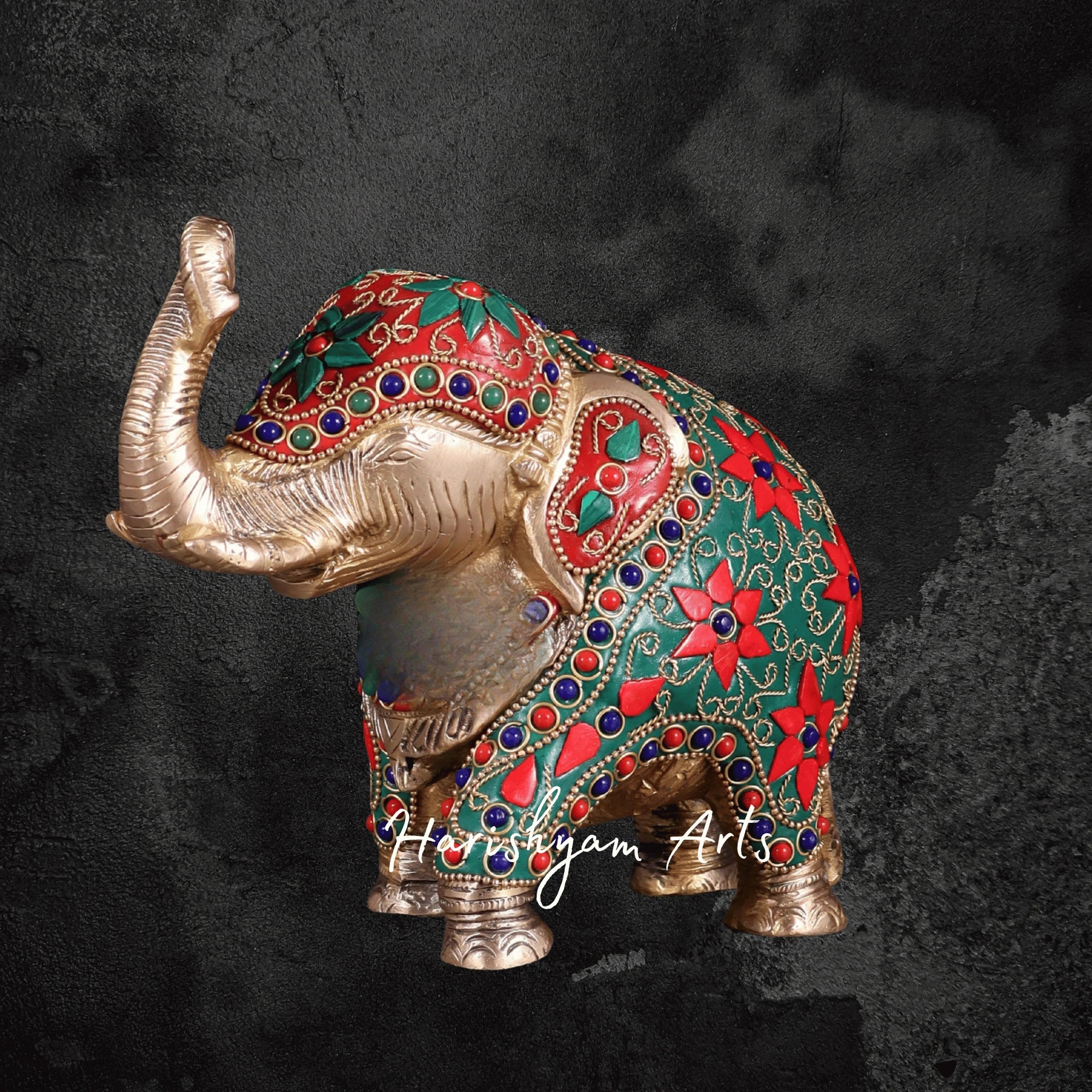 7" Decorative Brass Elephant with Intricate Floral Stone Inlay