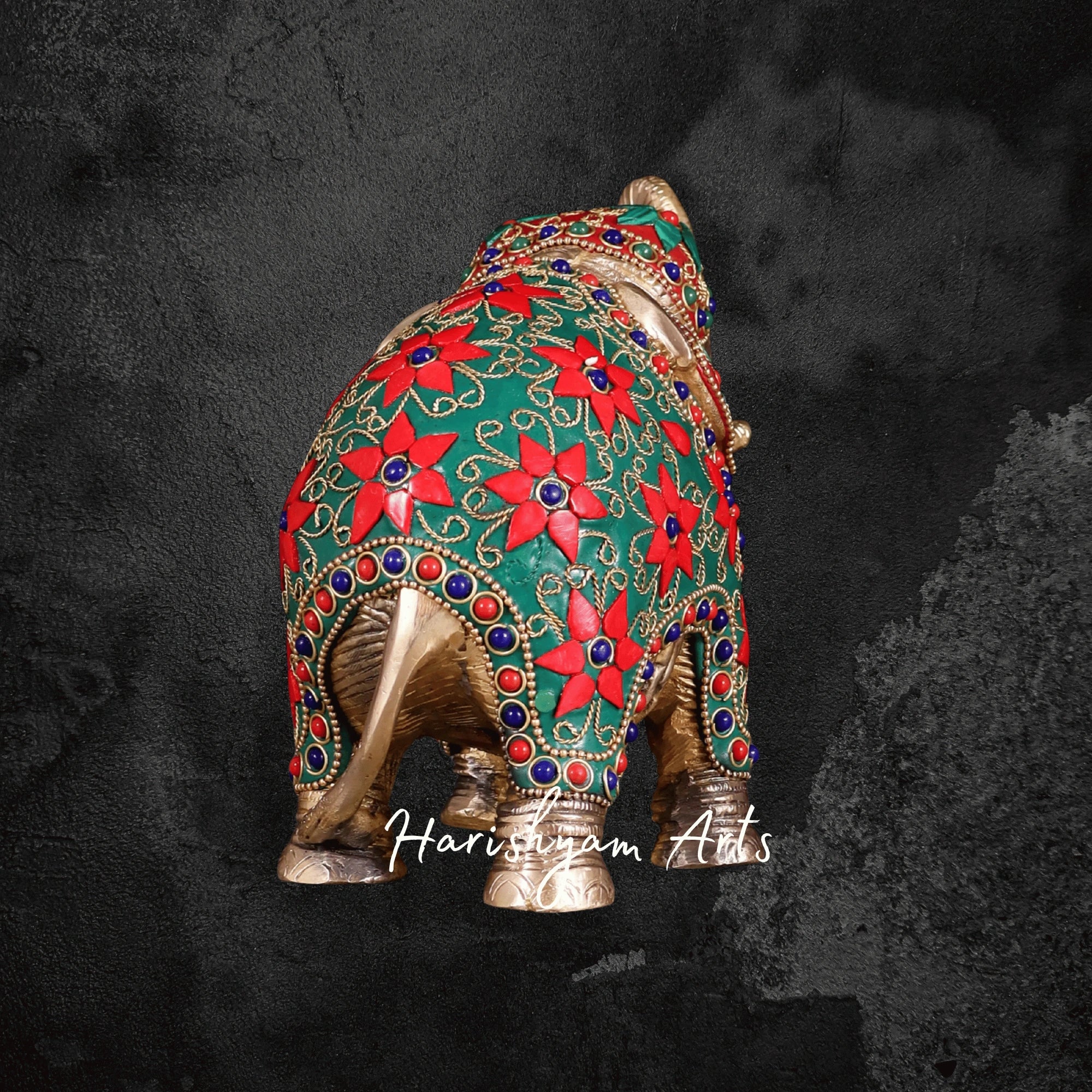 7" Decorative Brass Elephant with Intricate Floral Stone Inlay