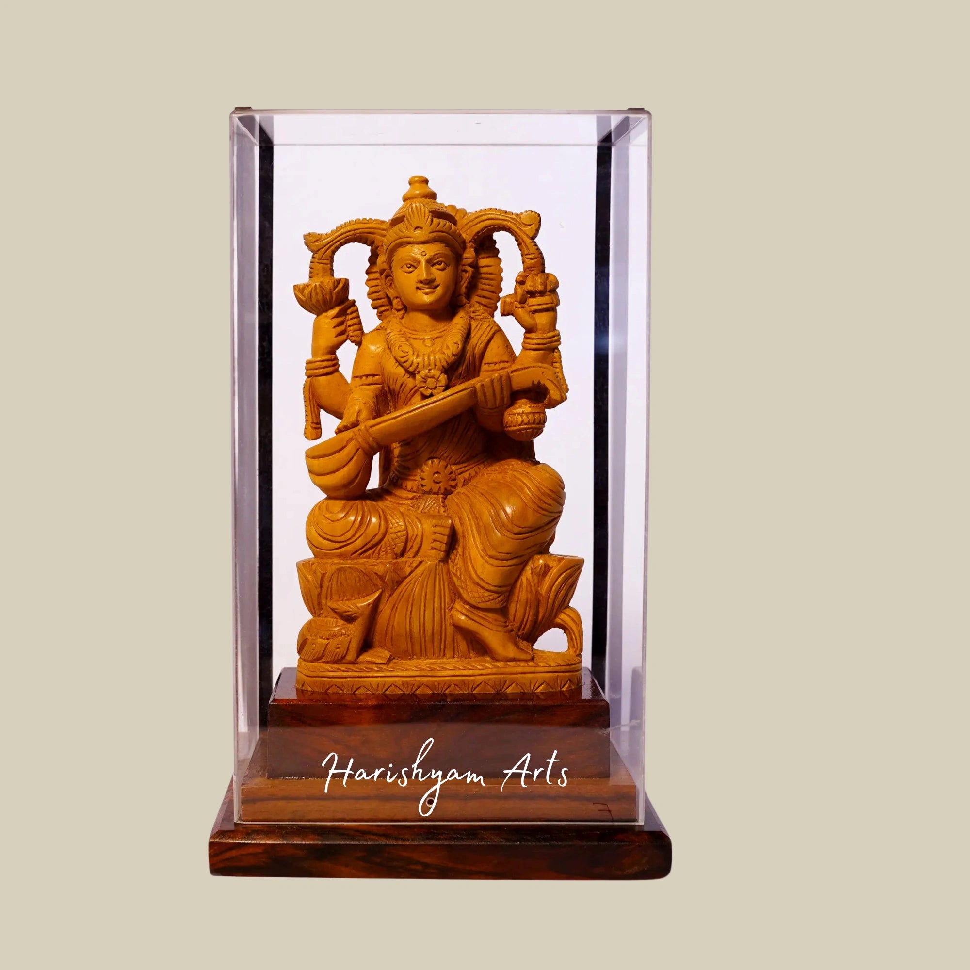 7" Small Beautifully Carved Saraswati Wooden Statue Seated on Lotus