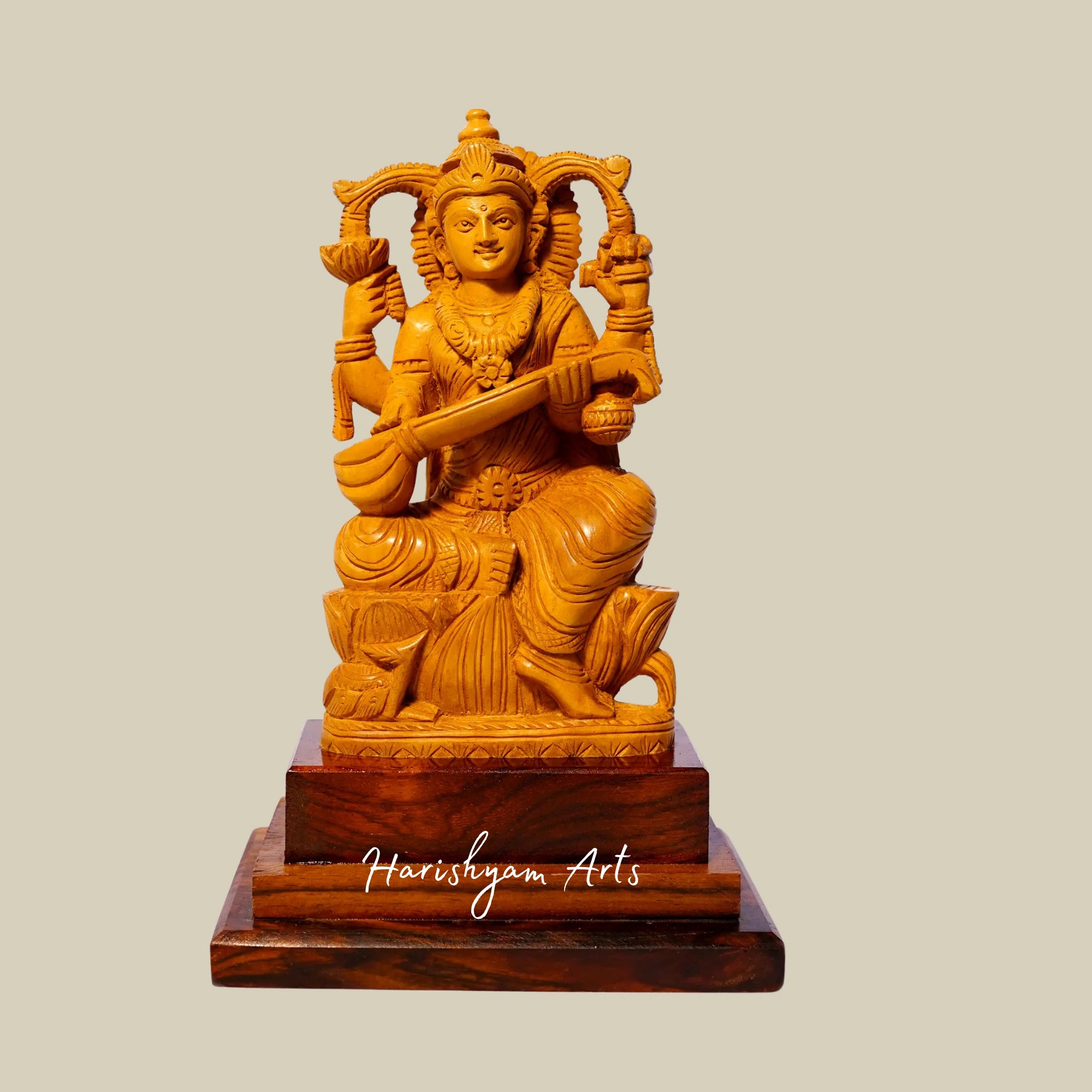 7" Small Beautifully Carved Saraswati Wooden Statue Seated on Lotus1