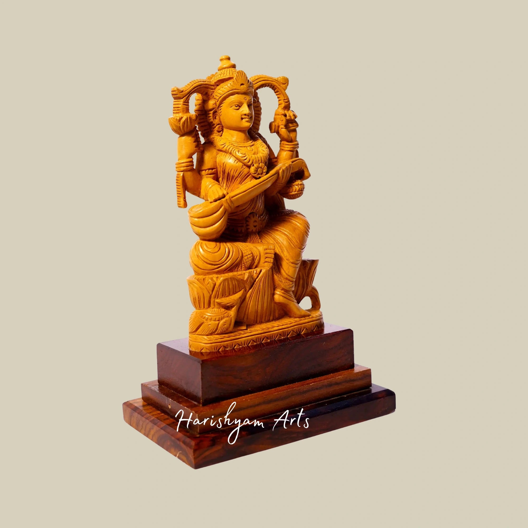 7" Small Beautifully Carved Saraswati Wooden Statue Seated on Lotus4