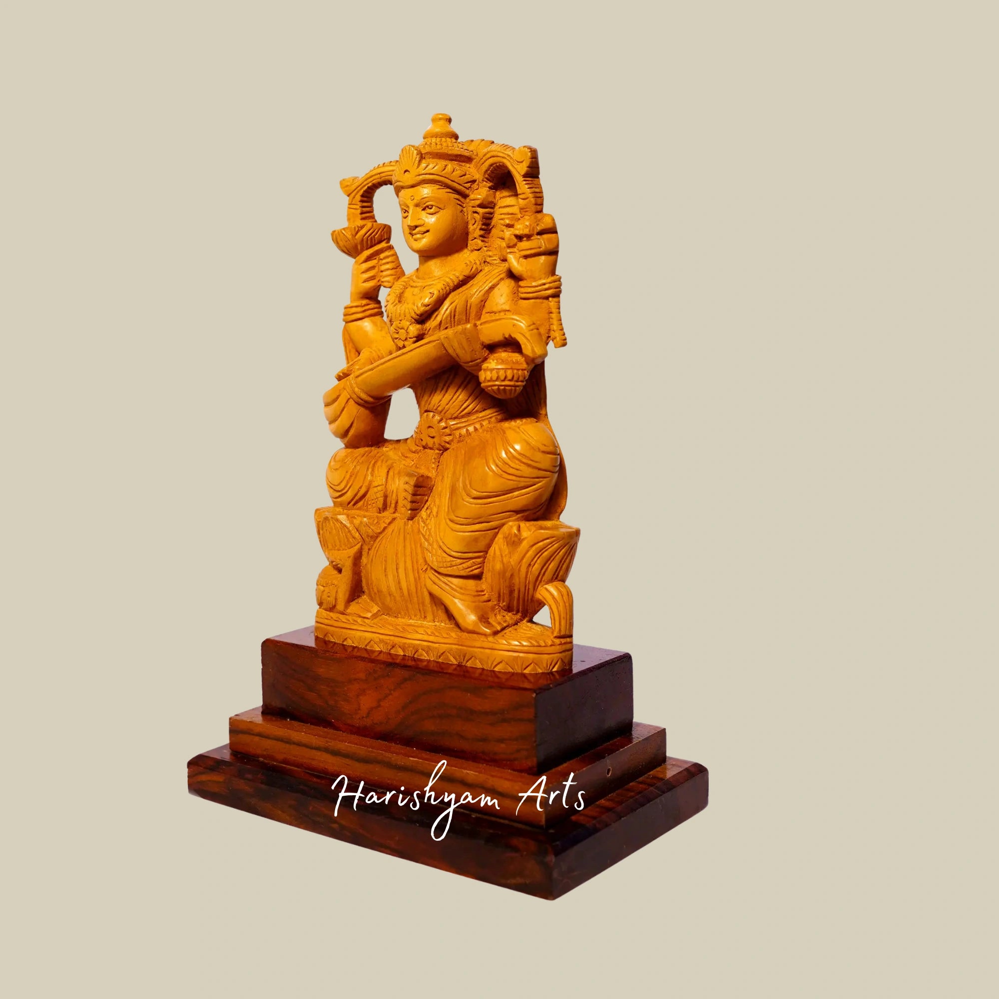 7" Small Beautifully Carved Saraswati Wooden Statue Seated on Lotus7