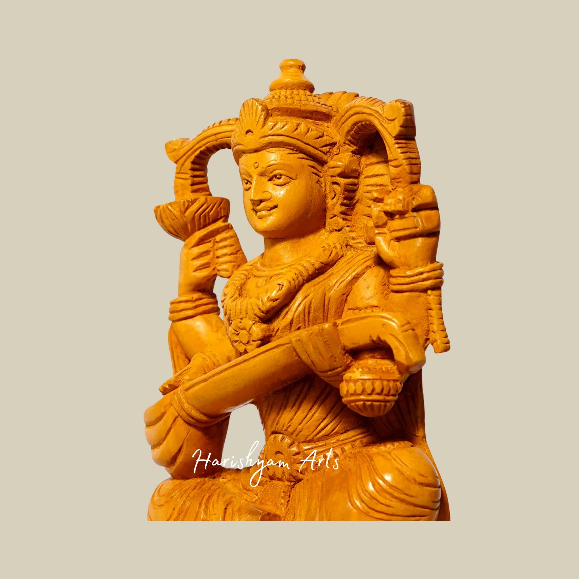 7" Small Beautifully Carved Saraswati Wooden Statue Seated on Lotus8