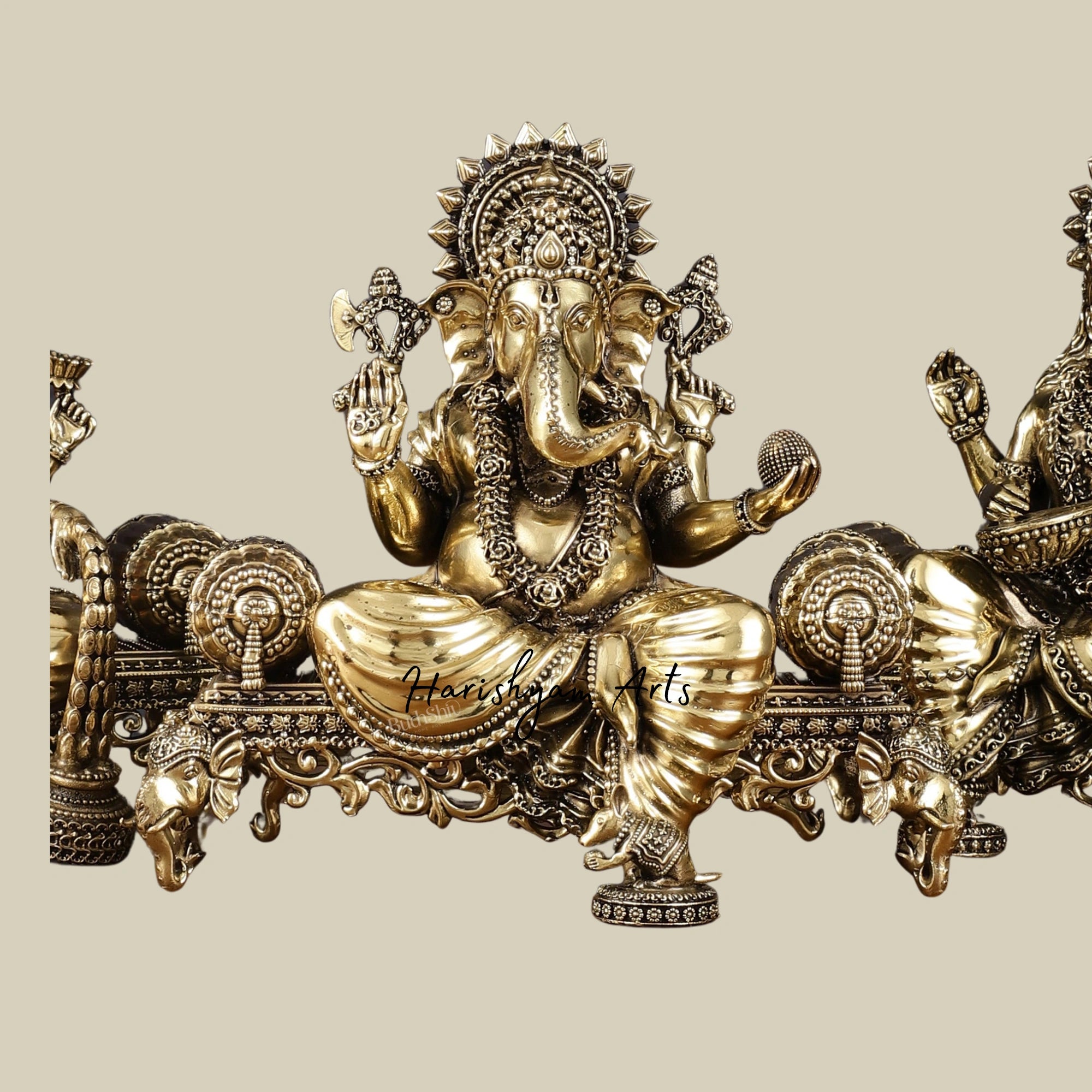 7" Small Superfine Brass Ganesha Lakshmi Saraswati Idol Set for Mandir10