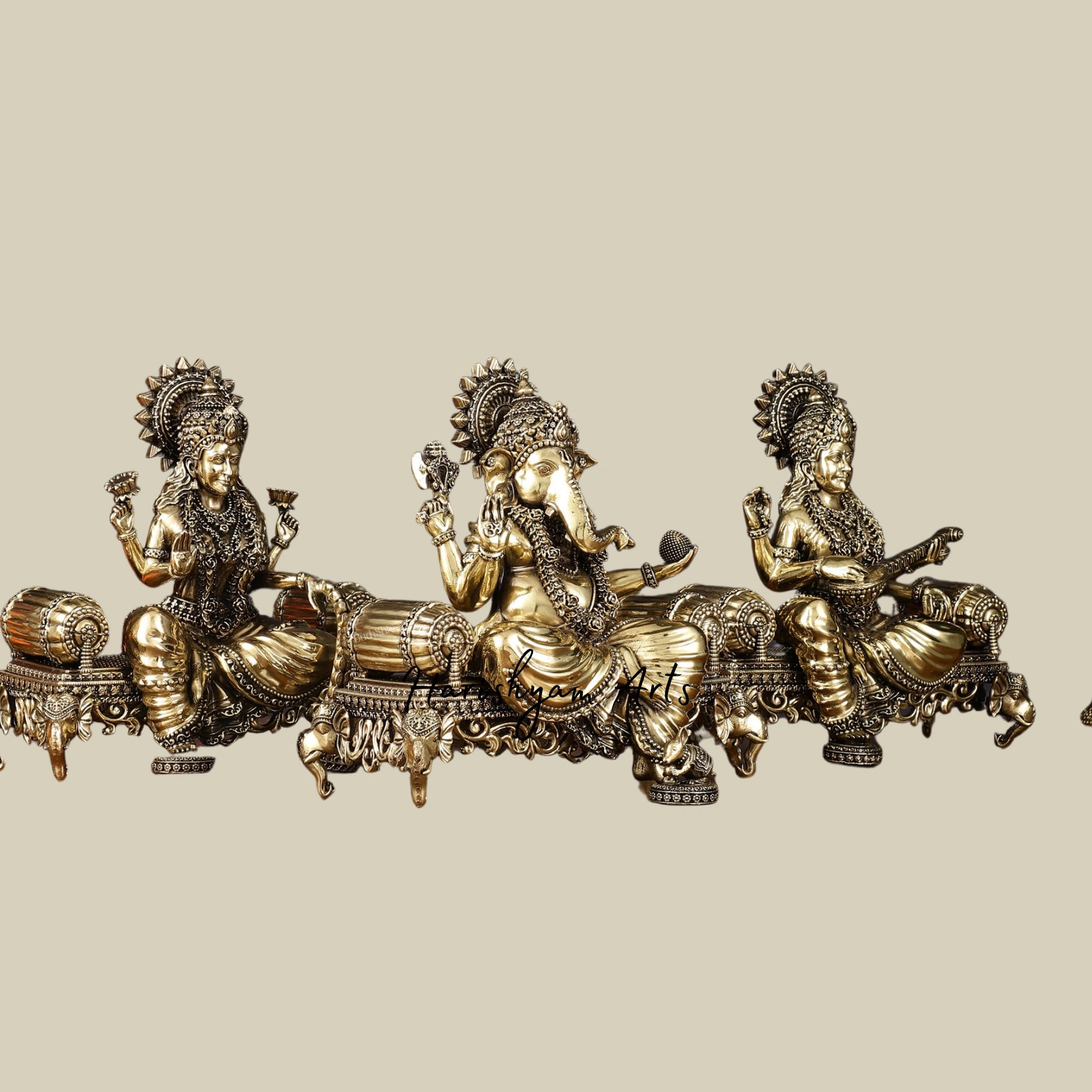 7" Small Superfine Brass Ganesha Lakshmi Saraswati Idol Set for Mandir5