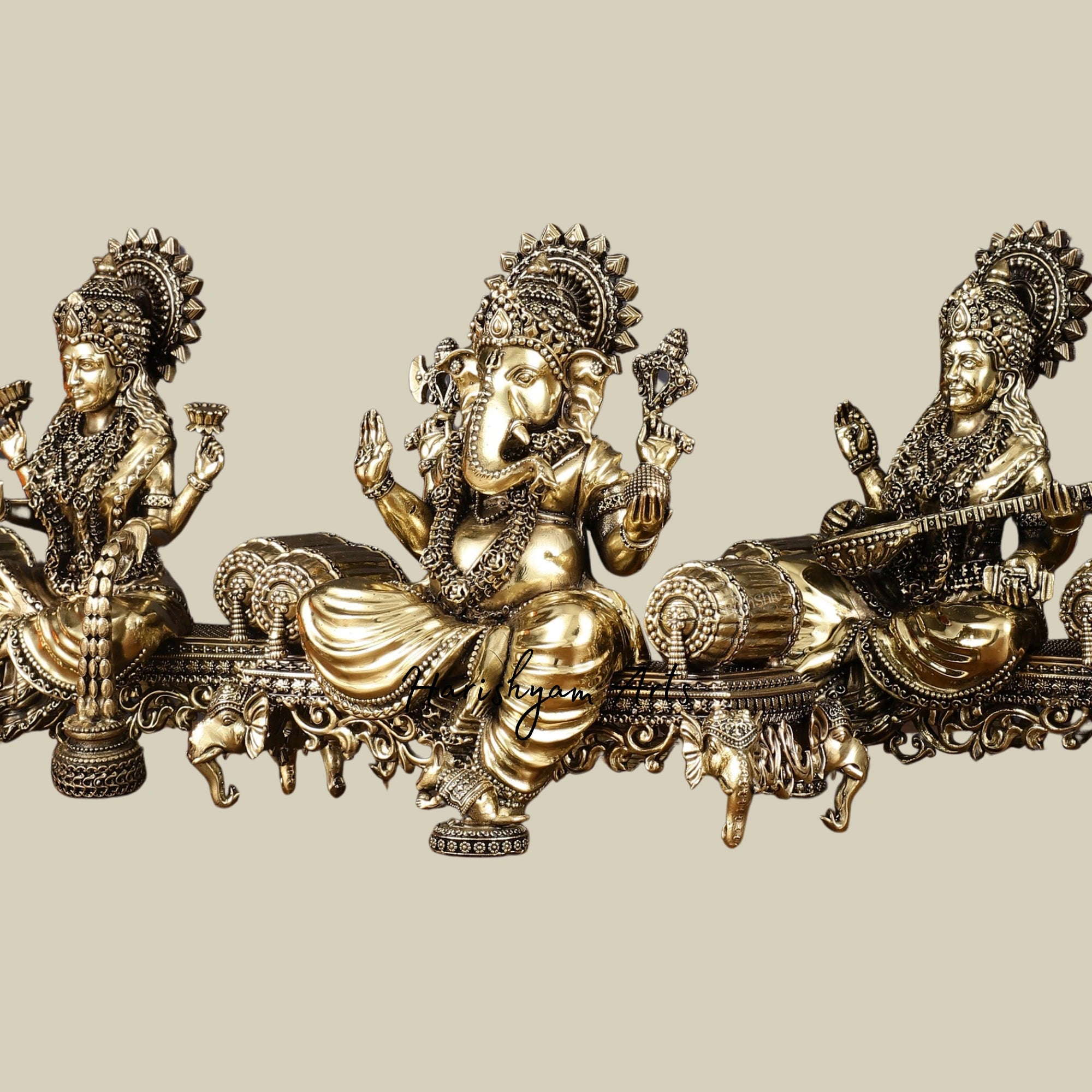 7" Small Superfine Brass Ganesha Lakshmi Saraswati Idol Set for Mandir6