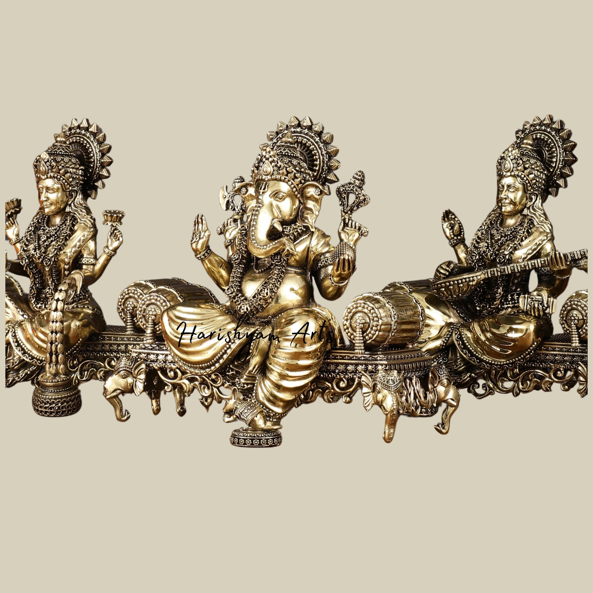 7" Small Superfine Brass Ganesha Lakshmi Saraswati Idol Set for Mandir7