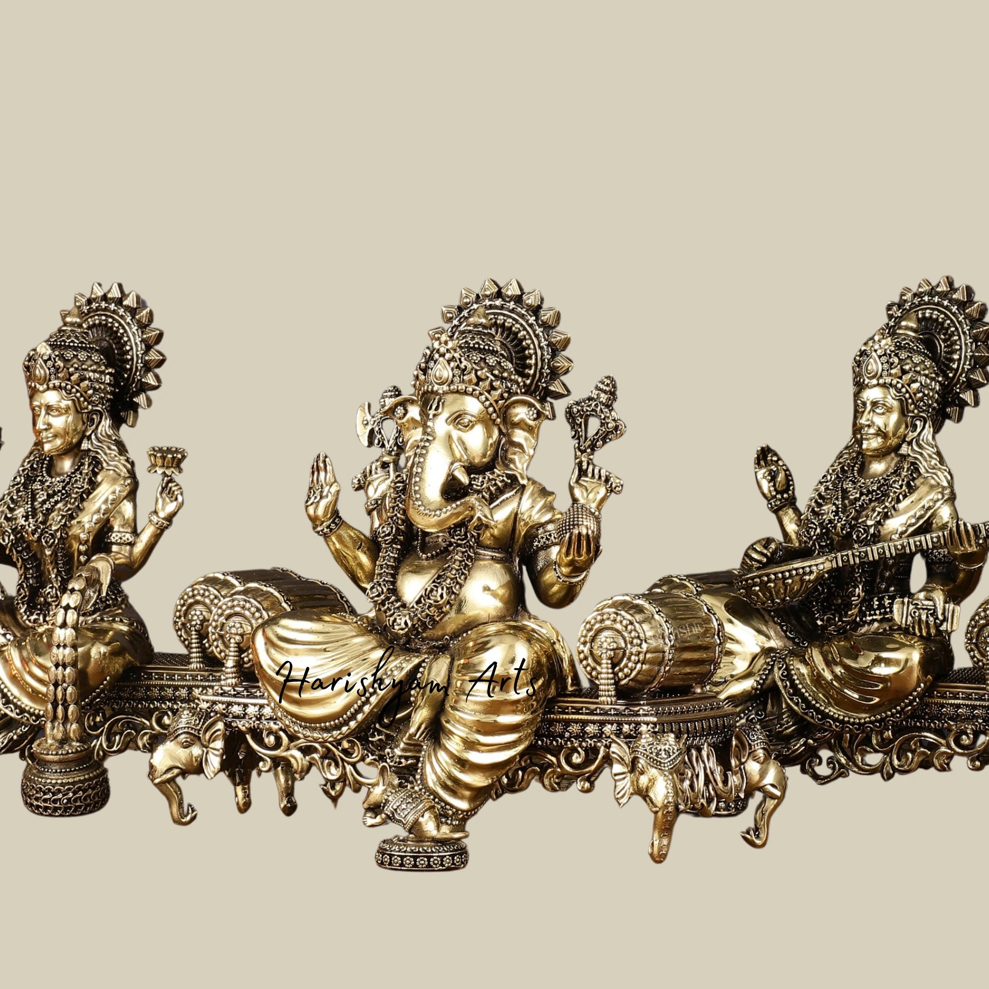 7" Small Superfine Brass Ganesha Lakshmi Saraswati Idol Set for Mandir8