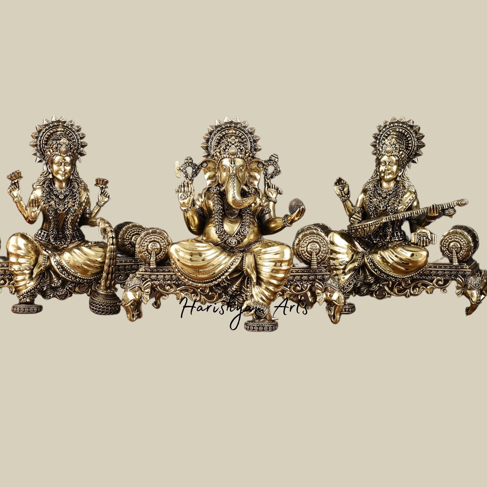 7" Small Superfine Brass Ganesha Lakshmi Saraswati Idol Set for Mandir9