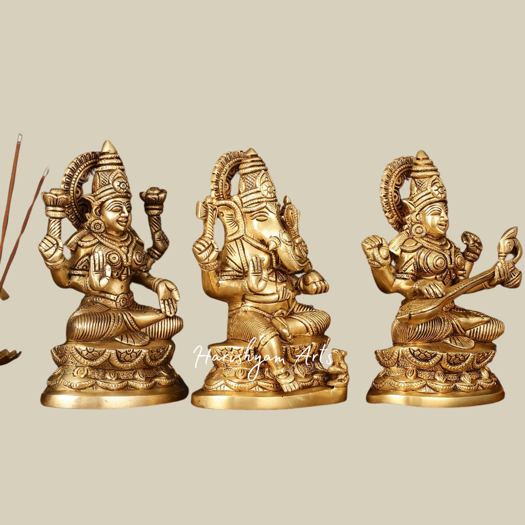 7" Superfine Brass Ganesh, Lakshmi, Saraswati Statues with Elegant Finish1