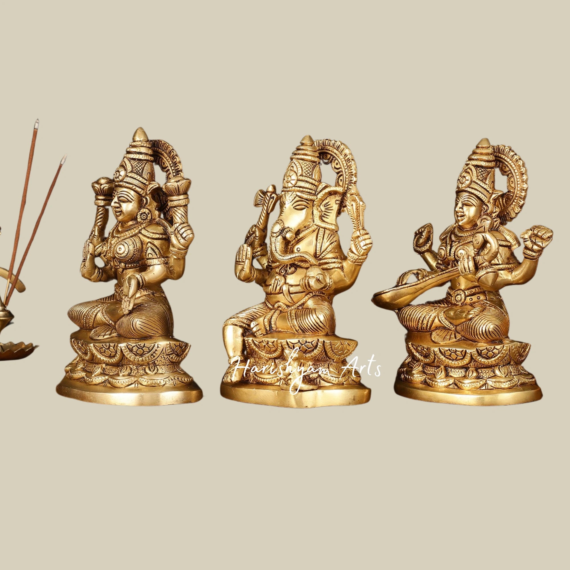 7" Superfine Brass Ganesh, Lakshmi, Saraswati Statues with Elegant Finish3