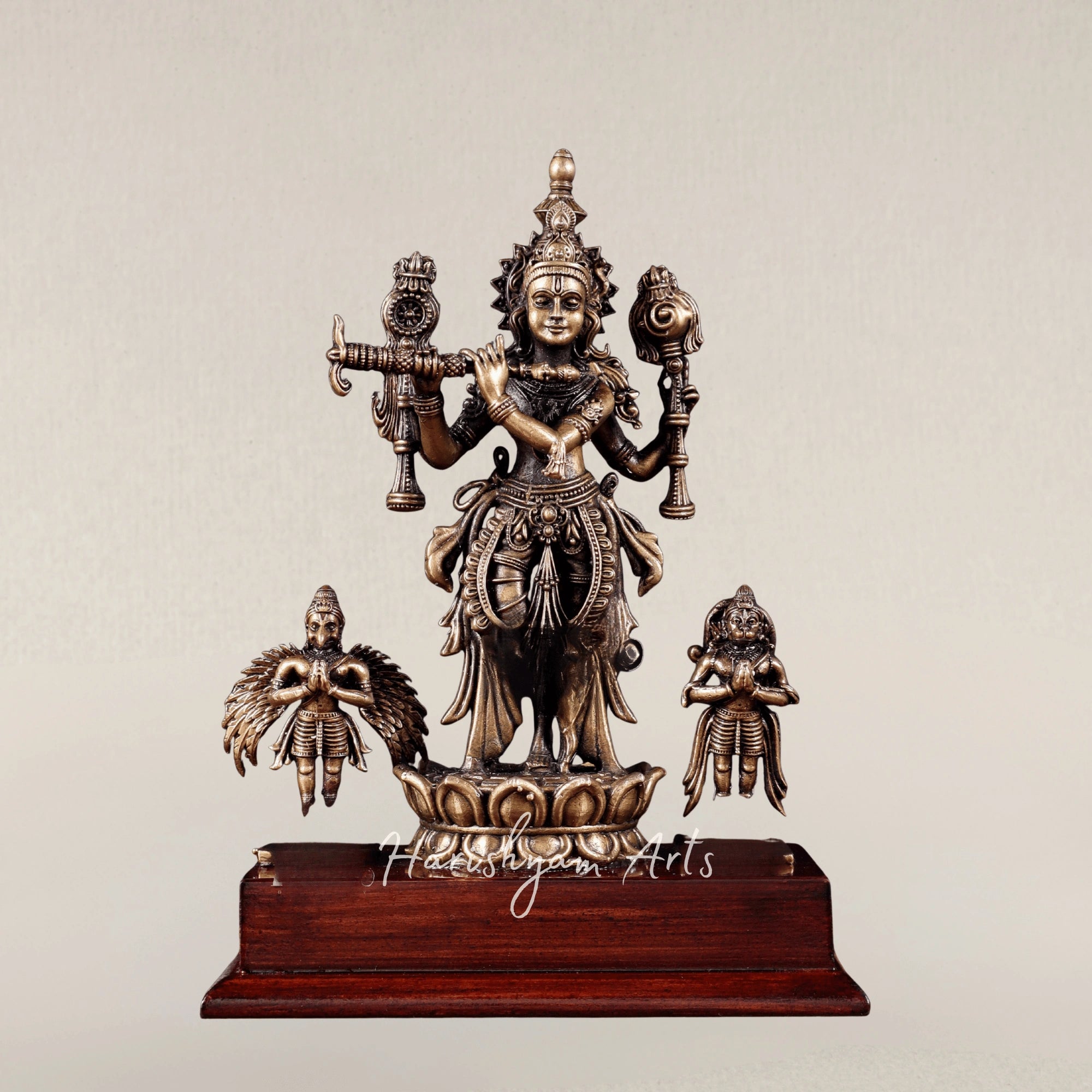 7" Vishnu Roopam Krishna with Hanuman and Garuda Bronze Mythological Sculpture