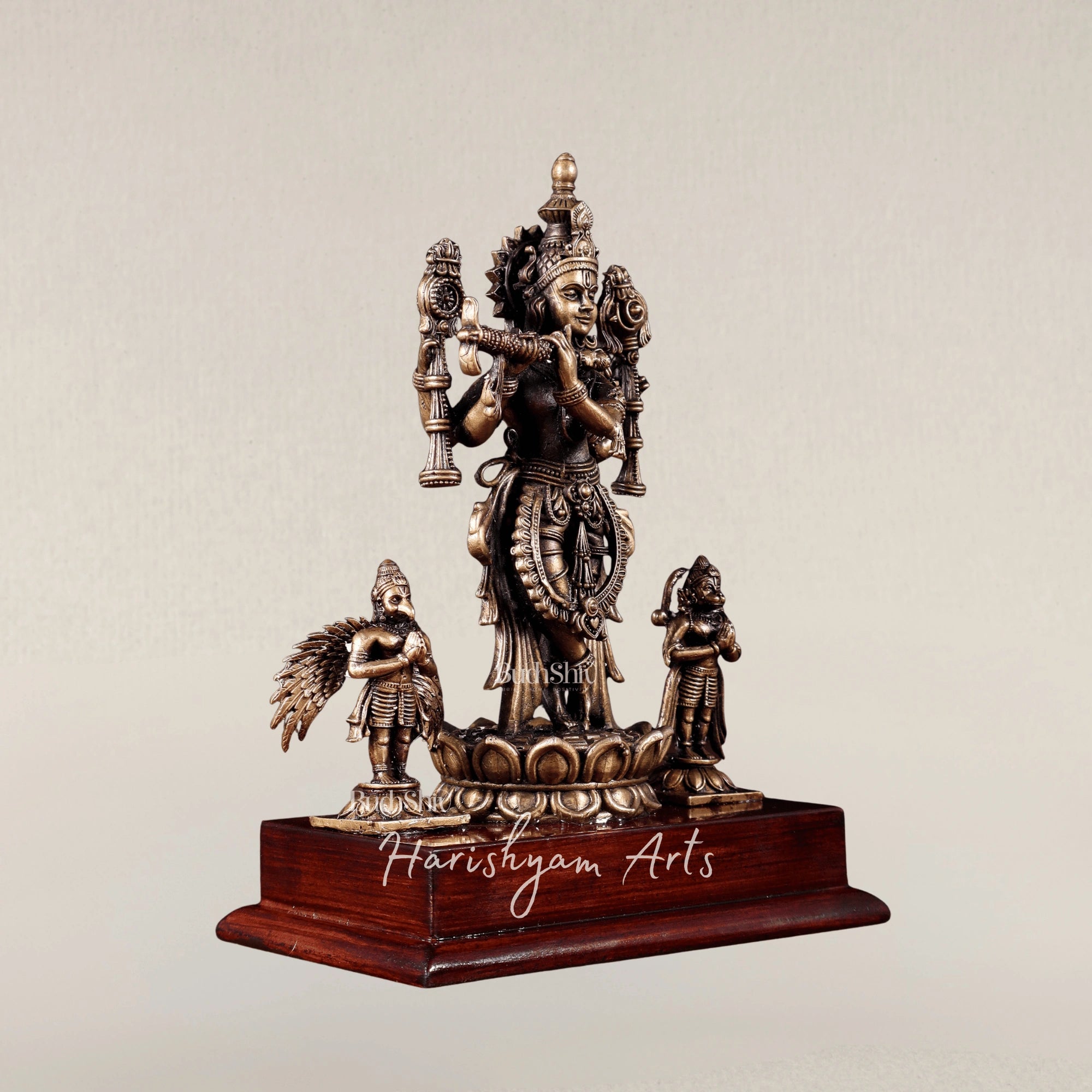 7" Vishnu Roopam Krishna with Hanuman and Garuda Bronze Mythological Sculpture
