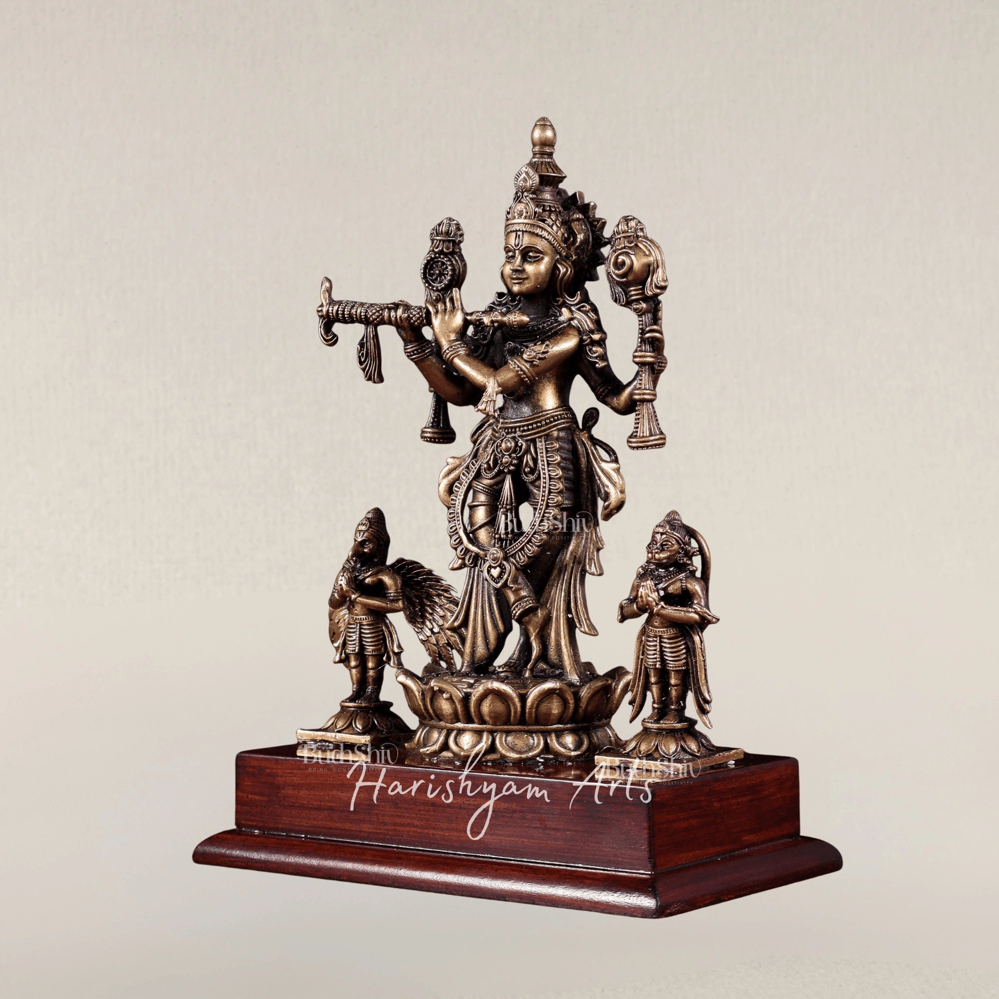 7" Vishnu Roopam Krishna with Hanuman and Garuda Bronze Mythological Sculpture