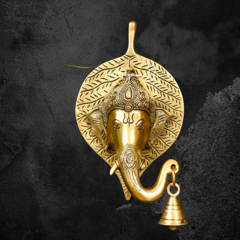 Brass Ganesha Bell on Leaf Wall Hanging 8"