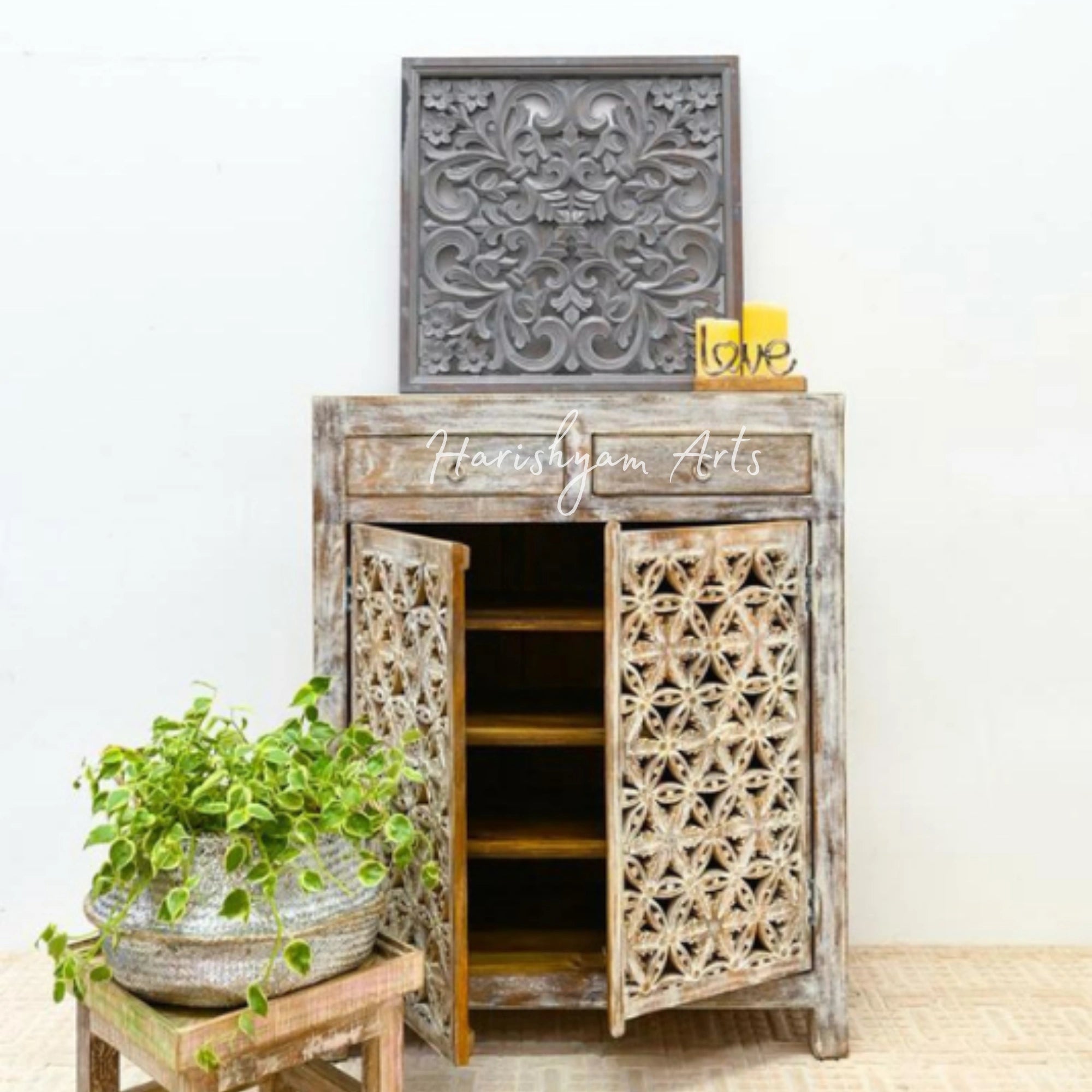 Handcrafted Wooden Shoe Rack Cabinet with Intricate Carvings